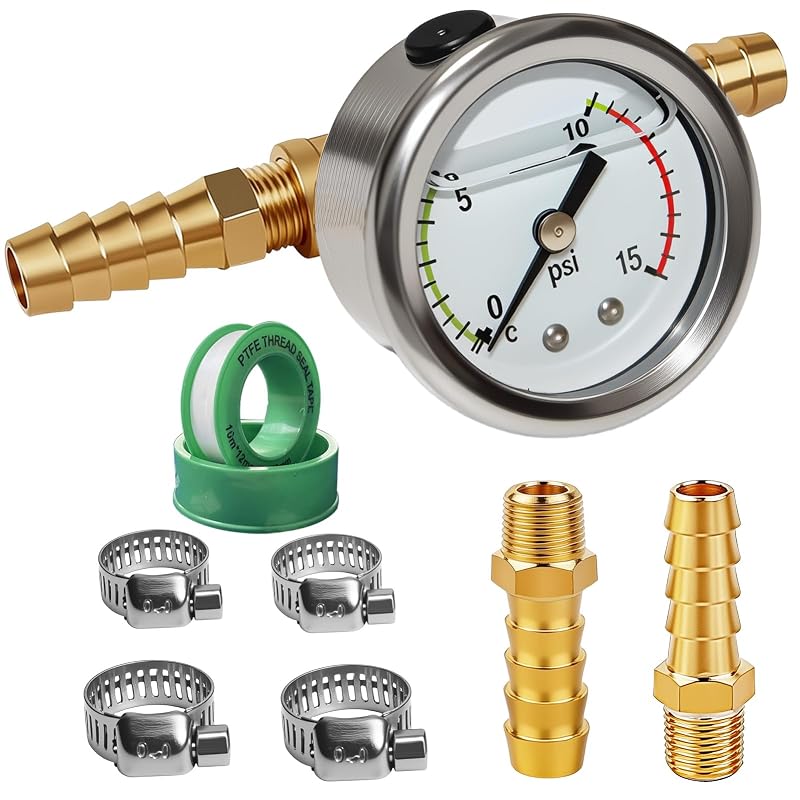 Kit de teste de pressão de combustível YTFSA 0–15 psi com manômetro, conexão 1/8 NPT e adaptadores – 1 unidade