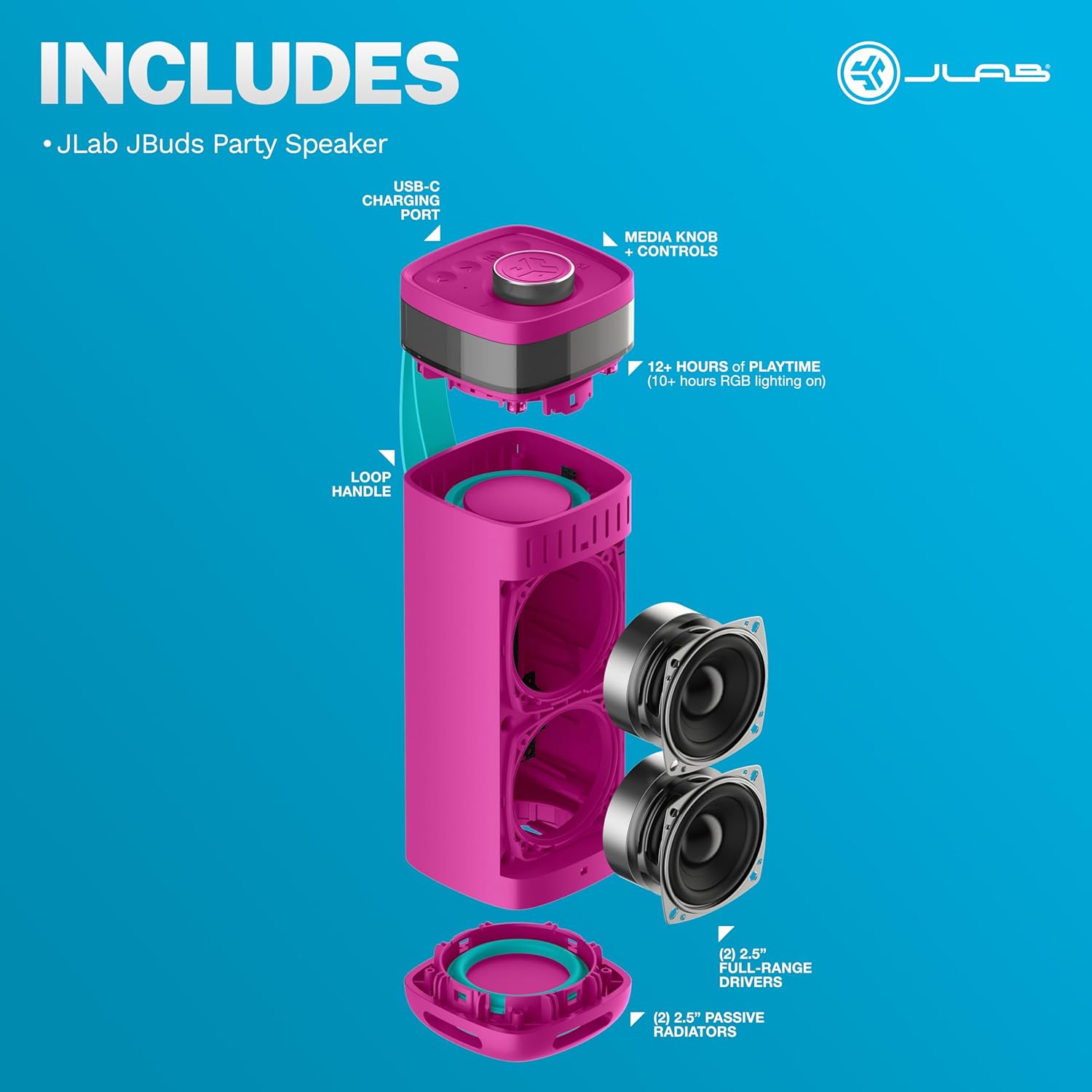 JLab JBuds Party Portable Bluetooth Speaker, 2 Full-Range Drivers + 2 Passive Woofers, IP56 Waterproof, 12 Hours Playtime, Connect Multiple Speakers, Custom Sound + RGB Lighting via App, Pink - Image 8