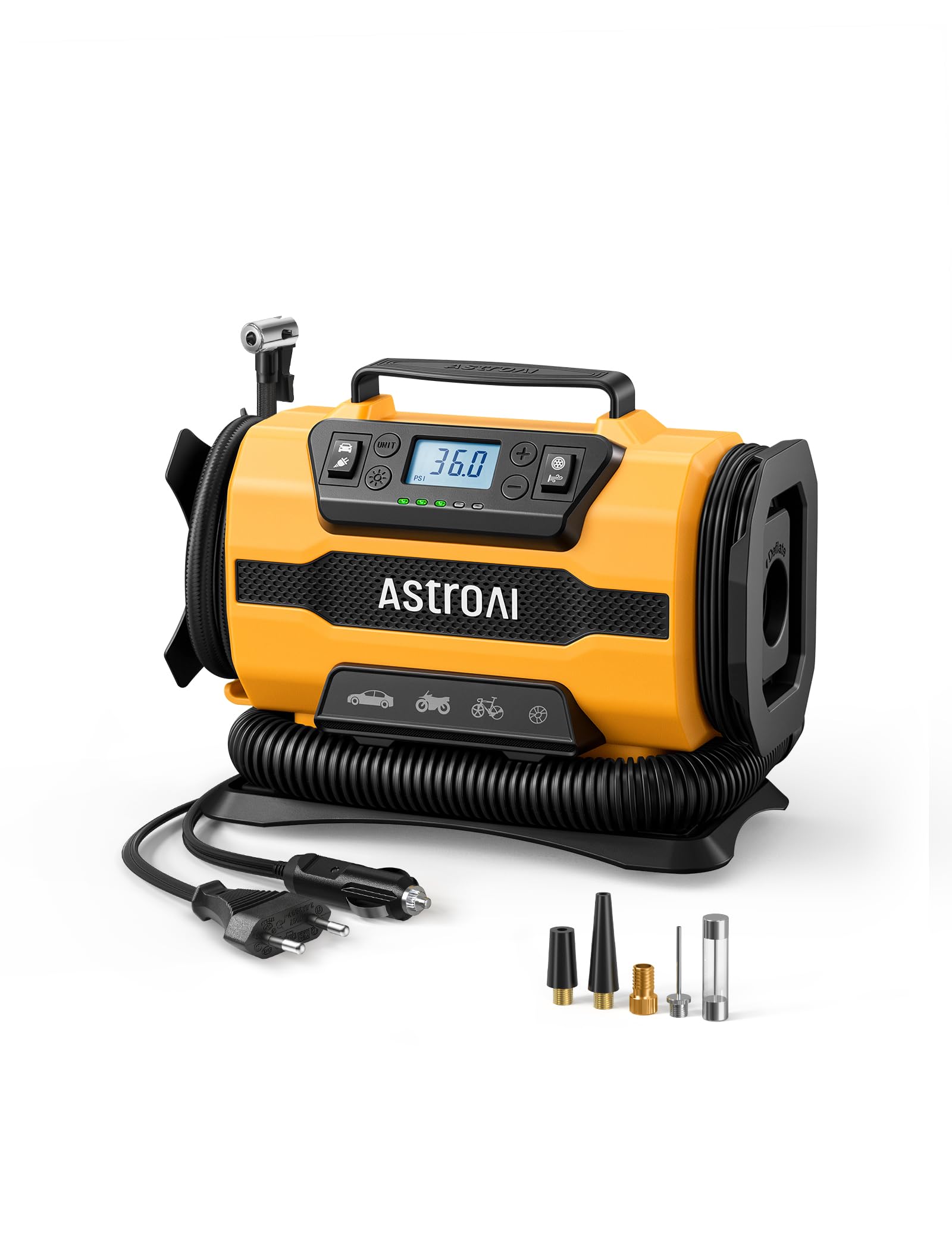 AstroAI Kompressor Auto 12V DC/230V AC Duale Stromquellen, 10,3 bar | Luftmatratzenaufpumpen Max. 350 L/min, Reifenaufpumpen Max. 22 L/min, für Fahrrad,Auto,Schlauchboote,Luftmatratze