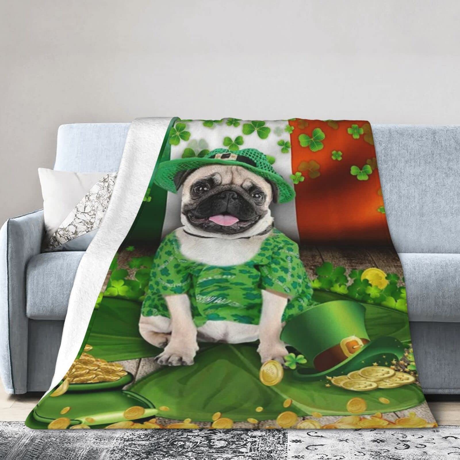 Lsjuee Flannel Fleece Blanket 80"X60" Pug St. Patrick‘s Day Bed Throw Blanket Lightweight Ultra-Soft Travel Spring Blankets for Boys Keep Warm