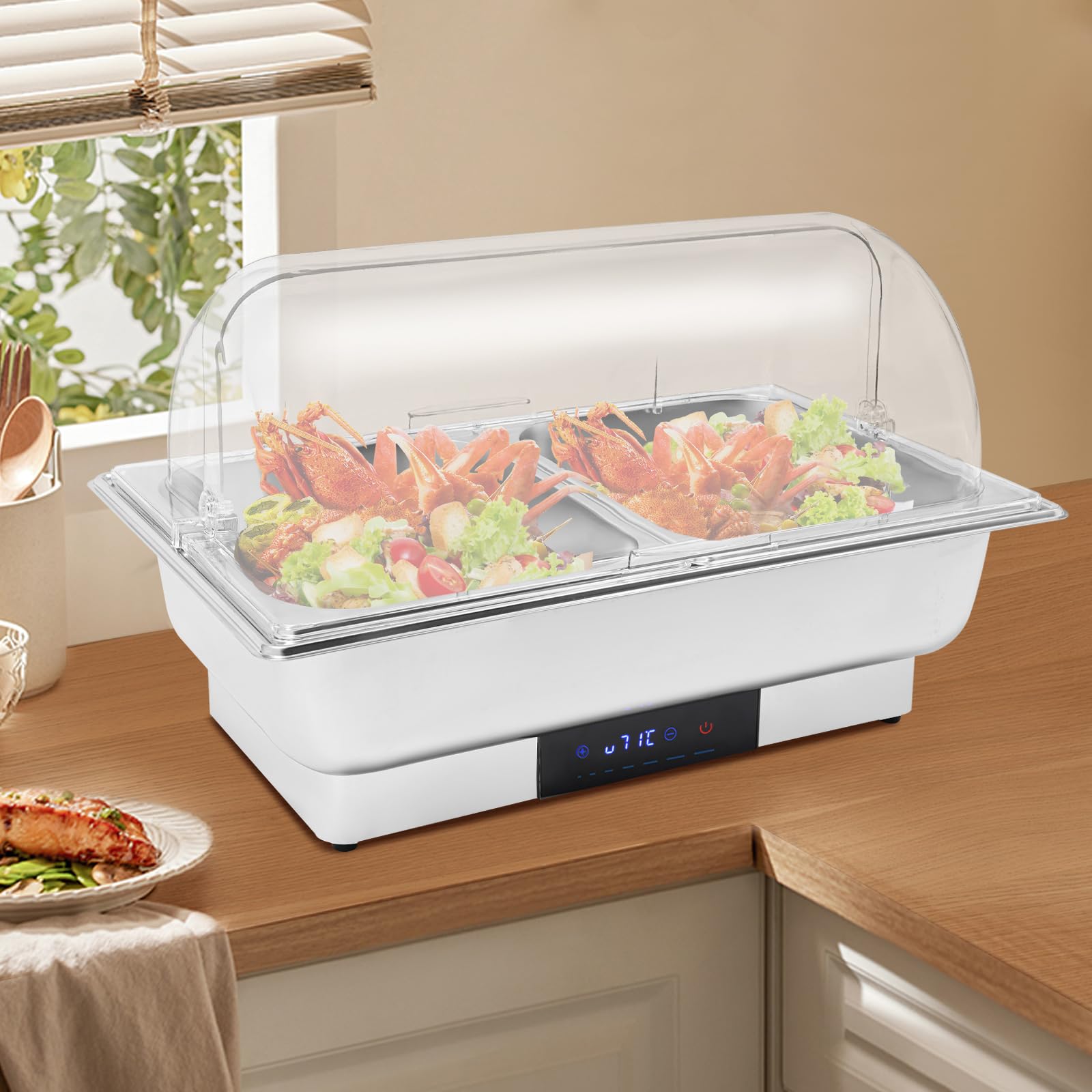 Chafing Dish Elektryczny podgrzewacz bufetowy, 9 l, 600 W, z pokrywką, ze stali nierdzewnej, do hoteli, bufetu, pikników (2-krotny, 9 l)