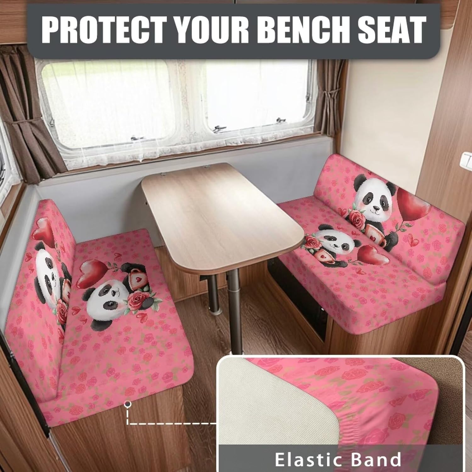 Rv Dinette Cushion Covers Set of 2 Valentine's Day Panda Slip Covers for Rv Furniture Smooth Printed Camper Cushion Slipcover for Sofa, Couch, Bench, RV Seat