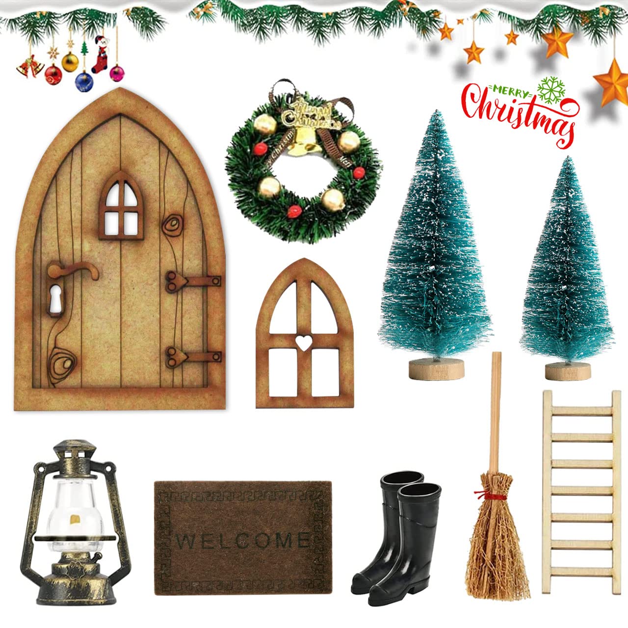 WELLXUNK Accesorios para Puerta de gnomo,Casa de Muñecas Accesorios de Navidad,Juego de Adornos en Miniatura de Navidad,Juego de Casa de Muñecas en Miniatura Árbol De Navidad Escalera Ornamentos (B)