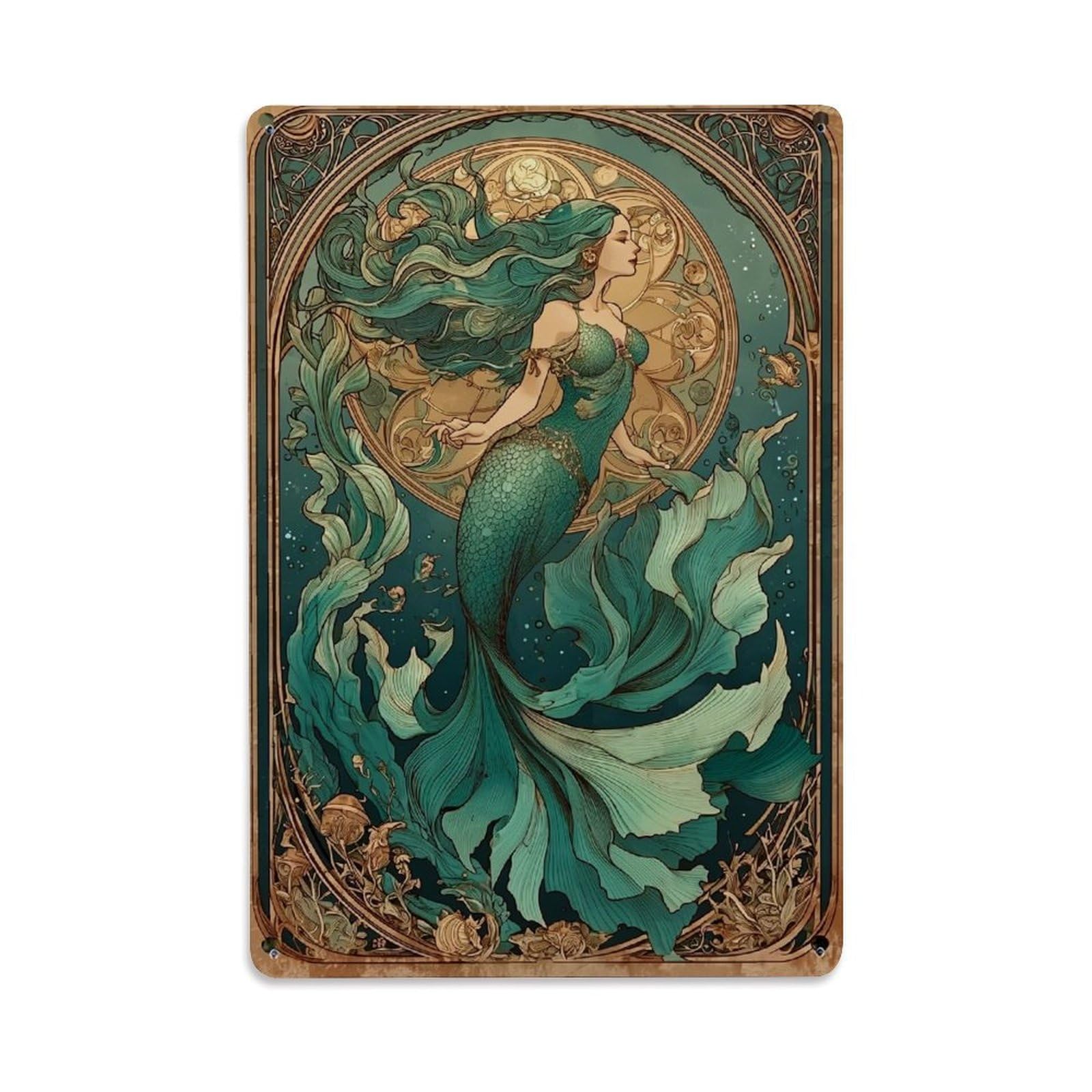 Mermaid Ocean Waves Artistic Design Retro Metal Tin Sign, Vintage Decor Art Poster for Bar, Home, Man Cave, Kitchen, Laundry Room Gift 8x12Inch