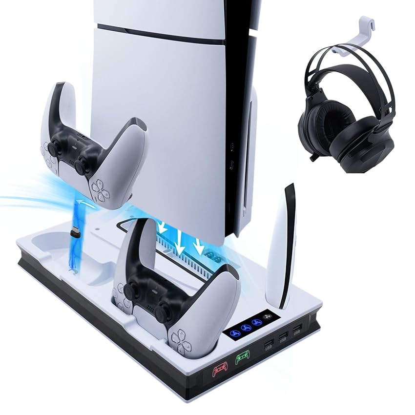 Wigearss Supporto Verticale di Raffreddamento PS5 con Doppio Controller di Caricatore