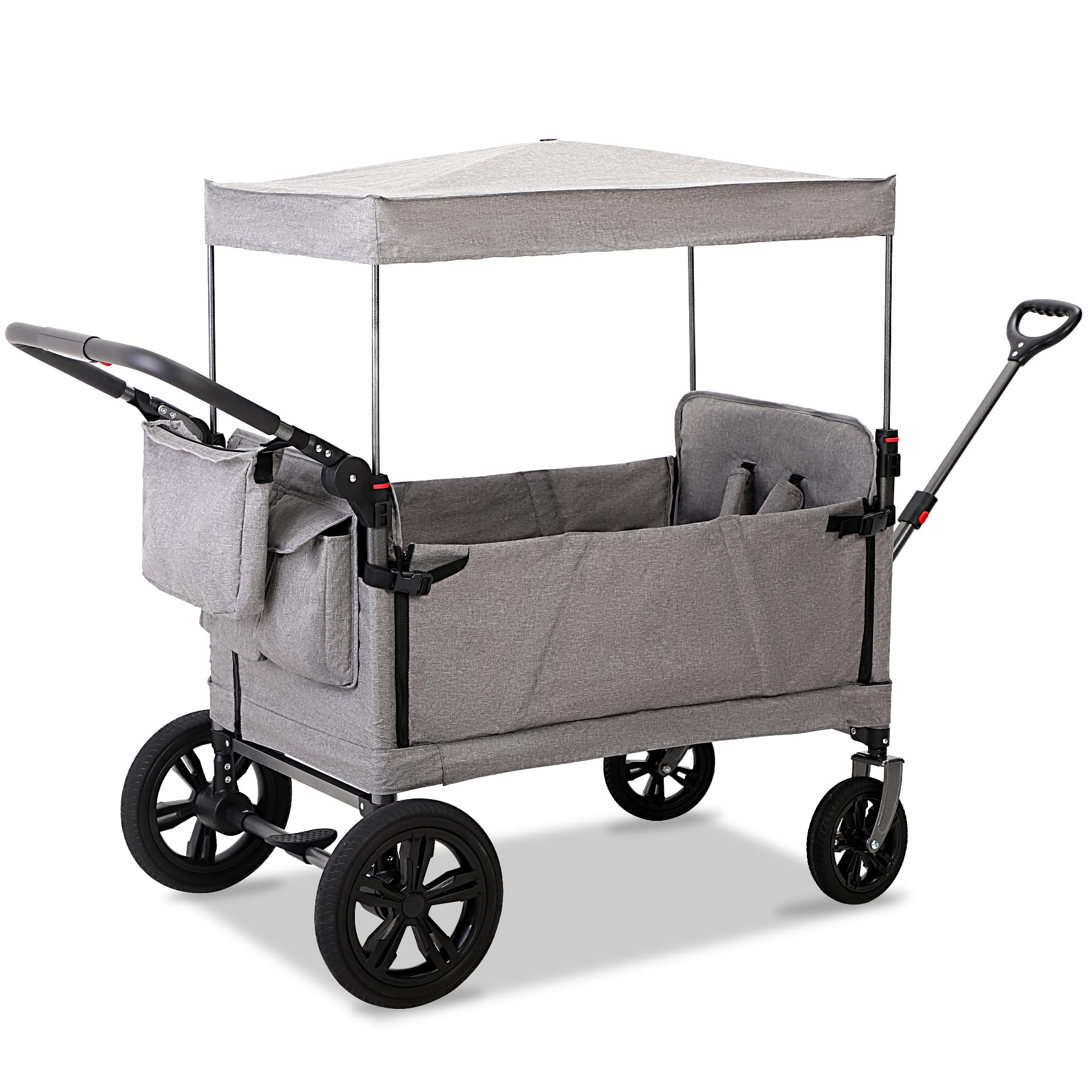 Diagram showing the dimensions of the REDCAMP stroller wagon in both unfolded and folded states.