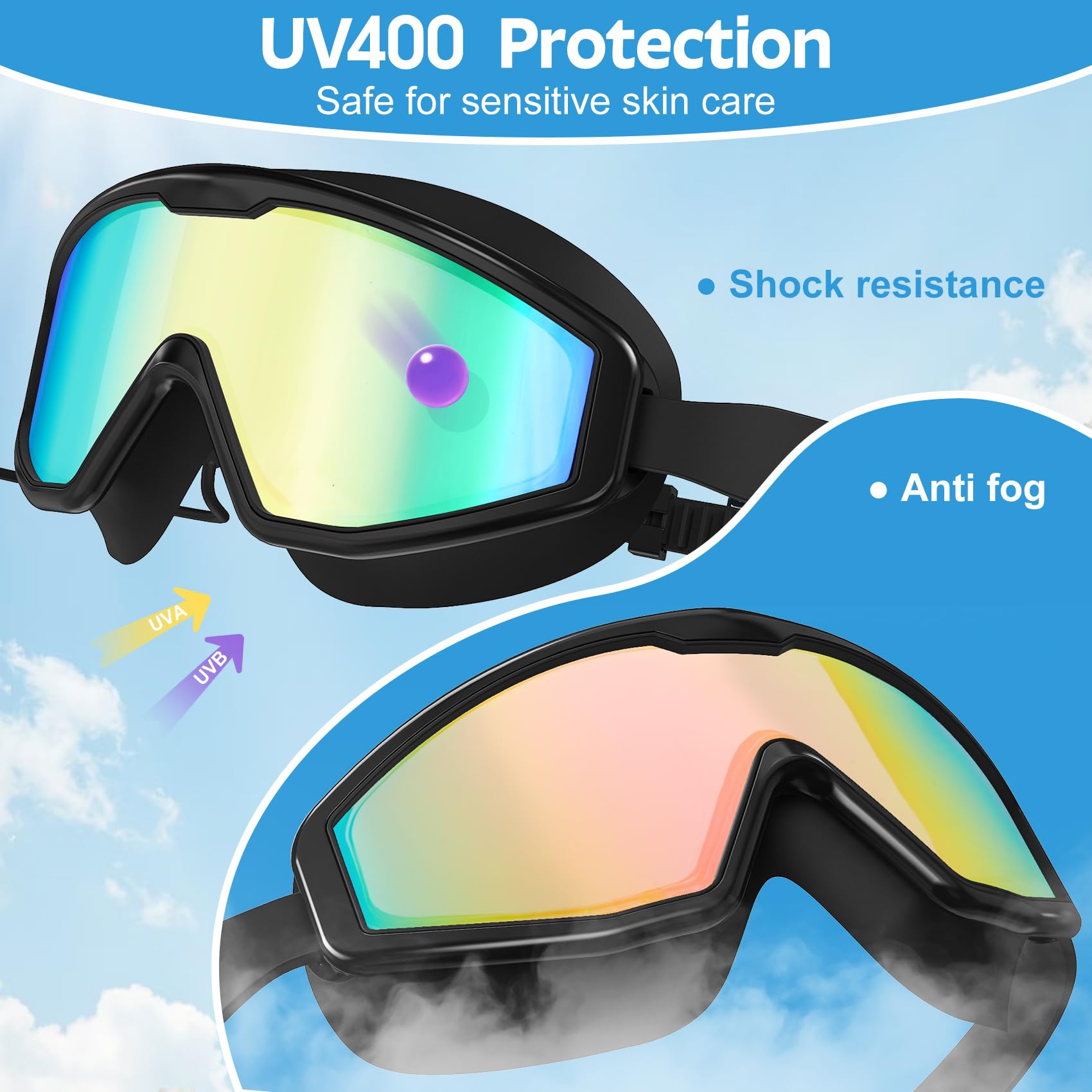 Schwimmbrille für Kinder von 6–14 Jahren, Schwimmbrille mit Ohrstöpseln, Nasenklammer, Anti-Beschlag-UV-Schutz, Weitsicht, großer Rahmen, Pool, Wasser, Kinderbrille für Jungen, Mädchen