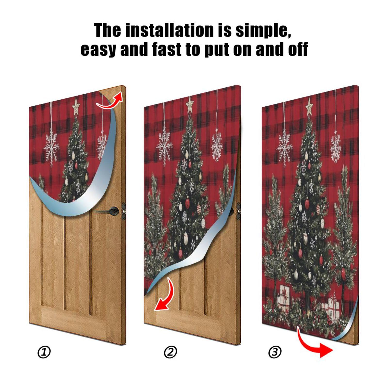 J JOYSAY Christmas Trees Red Plaid Door Decorations Door Cover Xmas Decoration Christmas Front Door Decorations for Christmas Decorations,32x79 in
