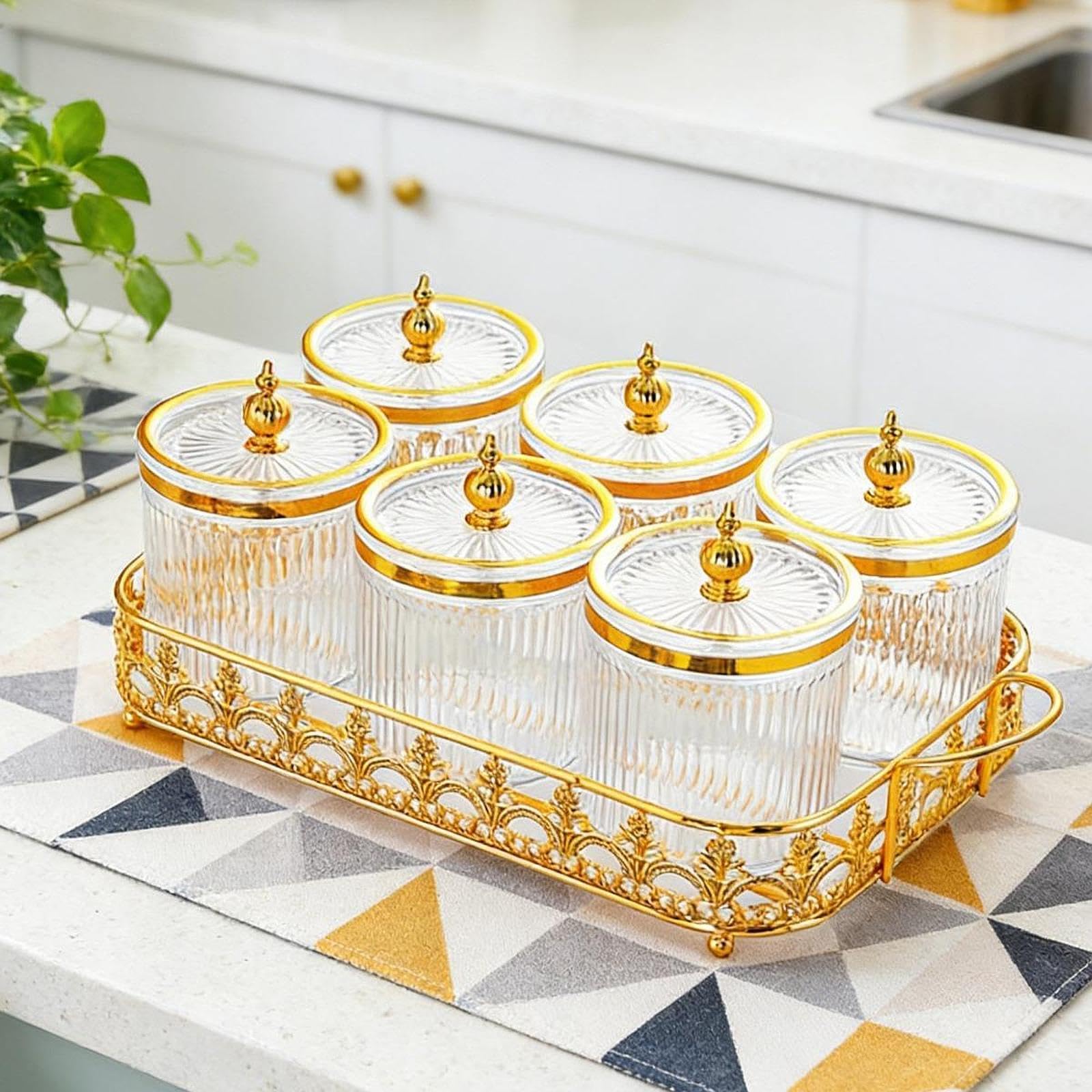 6 Vorratsdosen, Vielseitig Einsetzbar mit Tablett, Verschlossene Dose für Desserts, Nüsse, Chips, Zucker, Gewürze