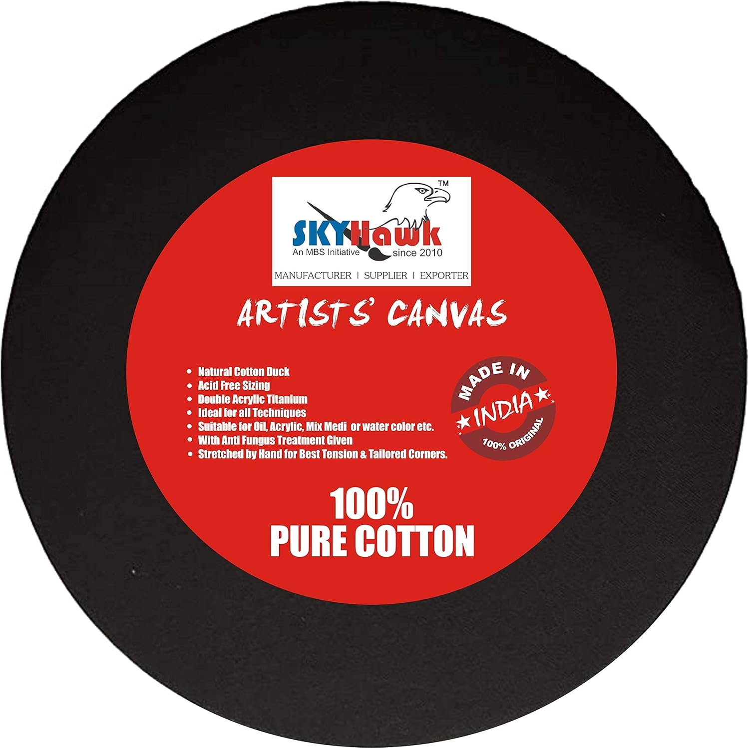 SKYHawk Primed Natural Cotton Duck PreStretched Round Canvas Ideal for A Techniques Suitable for Oil Acrylic, Mix Medi or Water Color, Set of 4 (Black, 10 Inch)