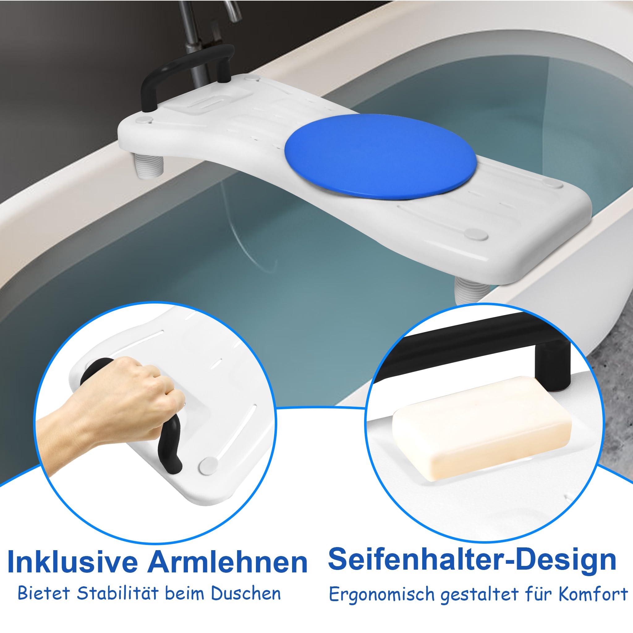 YRHome Badewannensitz mit Drehscheibe 75,5x34cm Badewannenbrett zum sitzen Badewannensitz Senioren Erwachsene Einstellbar Wannenbrett zum Sitzen für Badewanne Duschbrett bis 150kg mit Schwarz Griff