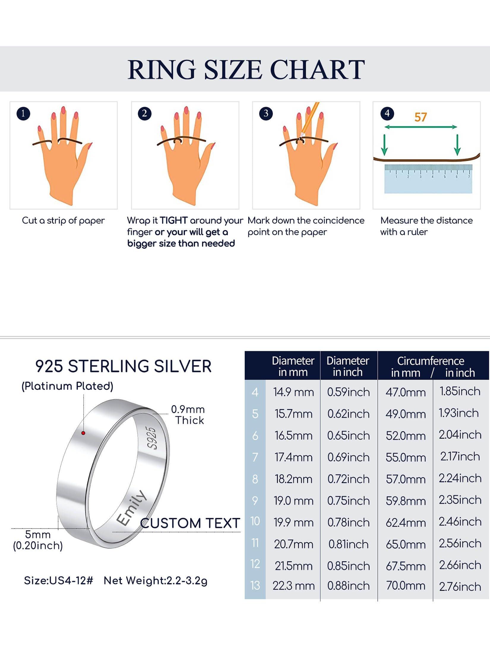 Suplight Anello Donna e Uomo in Argento Sterling 925 3/5mm Anello Semplice Personalizzabile Incisione Anello Matrimonio Anello Fidanzamento Coppia Misura 7-27 Confezione Regalo