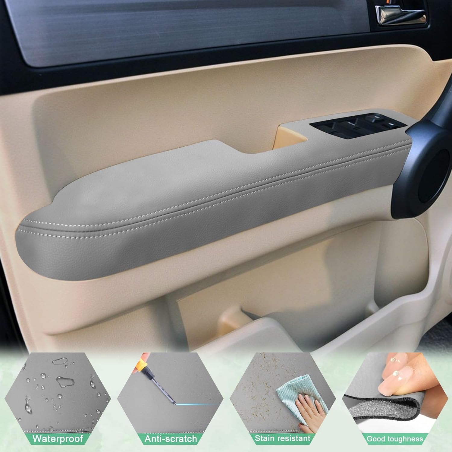 4PCS Door Panel Armrest Cover Replacement Compatible with Honda CRV 2007-2012 Front and Back Leather Arm Rest Replaced Skin Upholstery Gray (Only Leather Part)