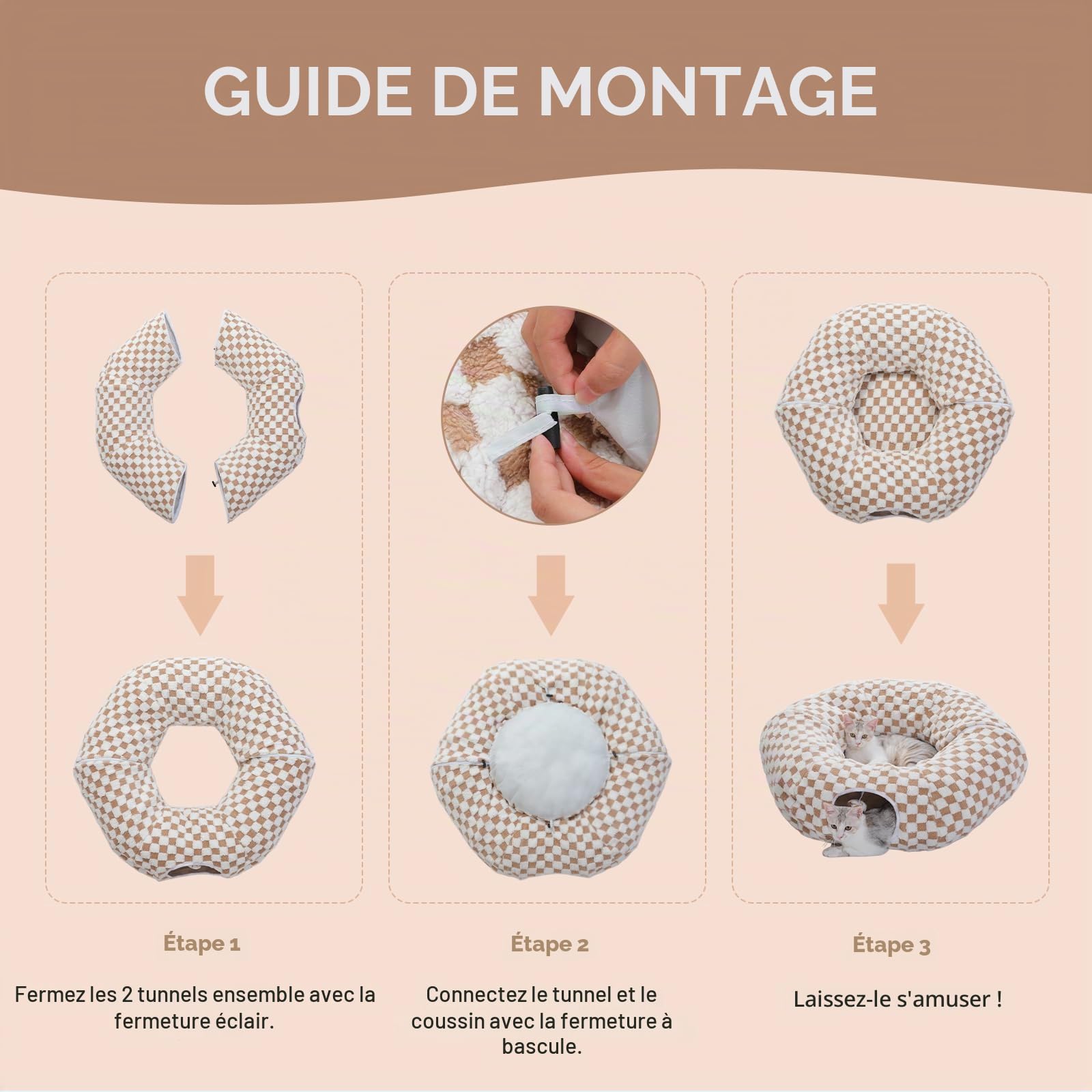 PAWZ Road Tunnel pour chat en peluche, 2 en 1, forme ronde, donut et lit pour chat, diamètre : 85 cm, marron
