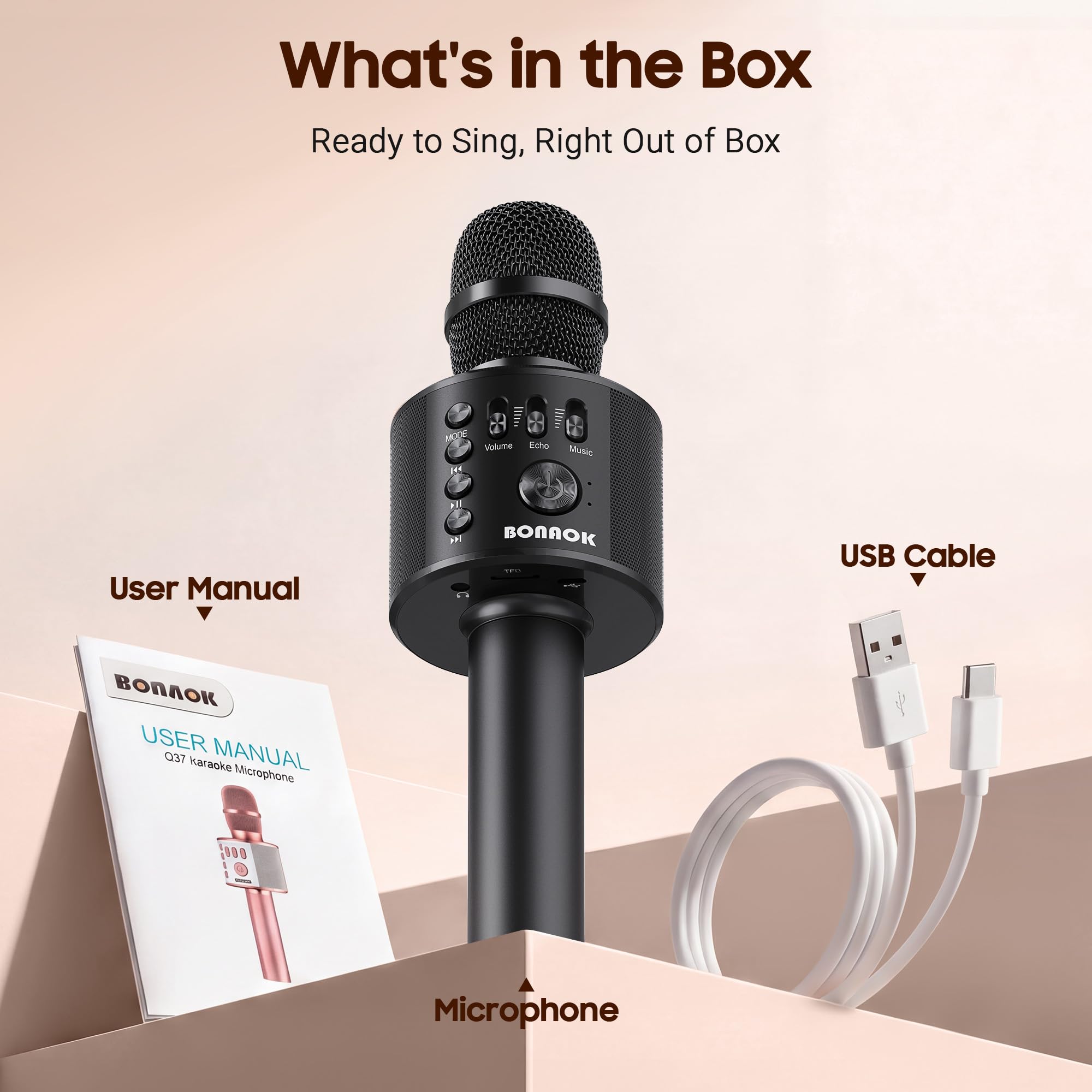 BONAOK Bluetooth Karaoke Mikrofon Erwachsene, Tragbares 3 in 1 Karaoke Mic, Handmikrofon für iPhone Android PC Smartphone (Schwarz)