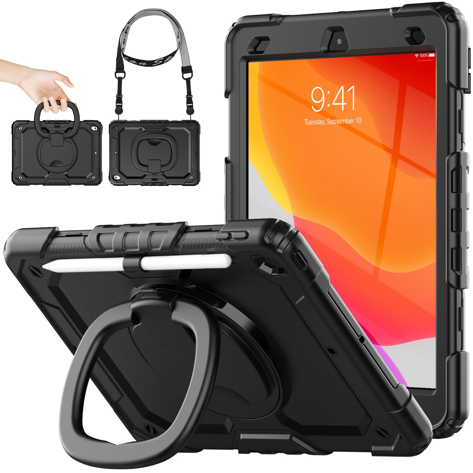 SEYMAC stock Shockproof Tablet Case for iPad 9th/8th/7th Generation 10.2 inch, Full-Body Drop Protection Case with Pencil Holder & [360 Ring Handle