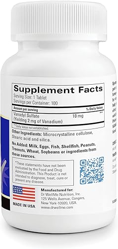 Miniatura 2 de Dr.WellMe Nutrition Suplemento de sulfato de vanadilo de 10 mg, mantiene un nivel saludable de azúcar en la sangre, 100 tabletas