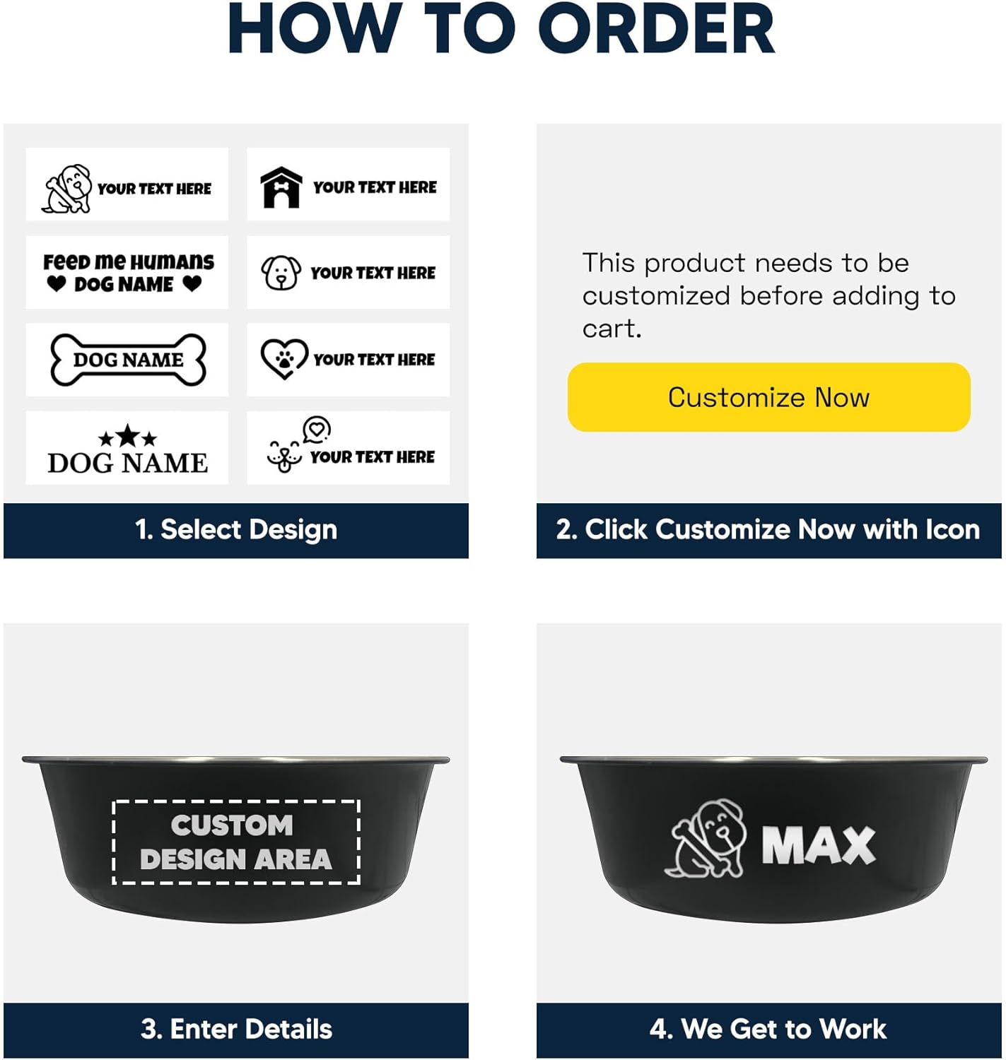 Personalized Custom Dog Bowl with Name & Breeds - Engraved Stainless Steel, Feeding Dry/Wet Food and Water Bowl for Small & Large Sized Dogs, Easy to Clean and Durable, 40oz | Black (Set of 2)