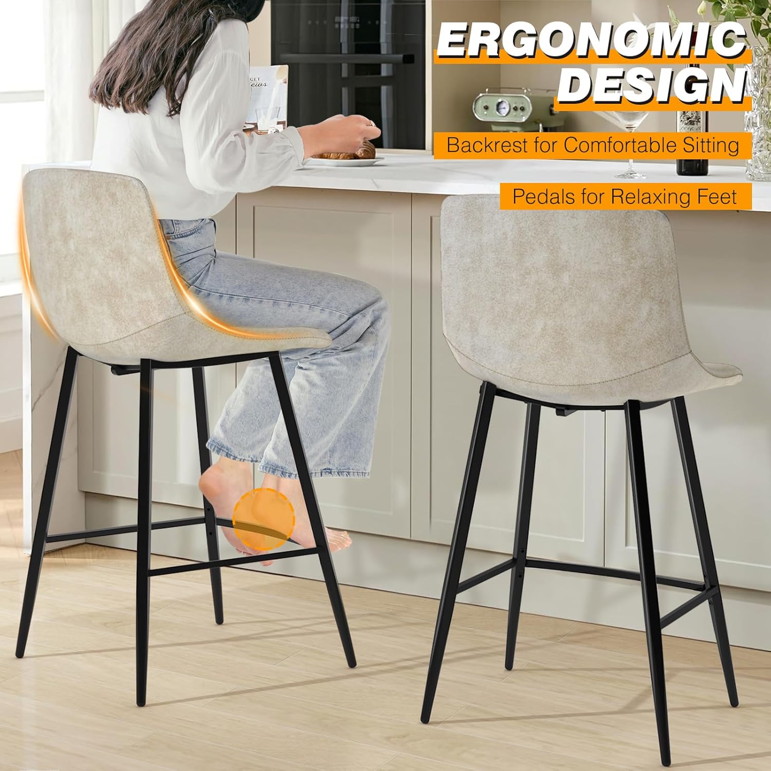 5Rcom 600 lbs Counter Height Bar Stools Set of 4, 24 Inch Kitchen Barstools with Back, Modern Bar Chairs with Metal Legs for Kitchen Island, Dining Room, Party Room & Restaurant, Beige