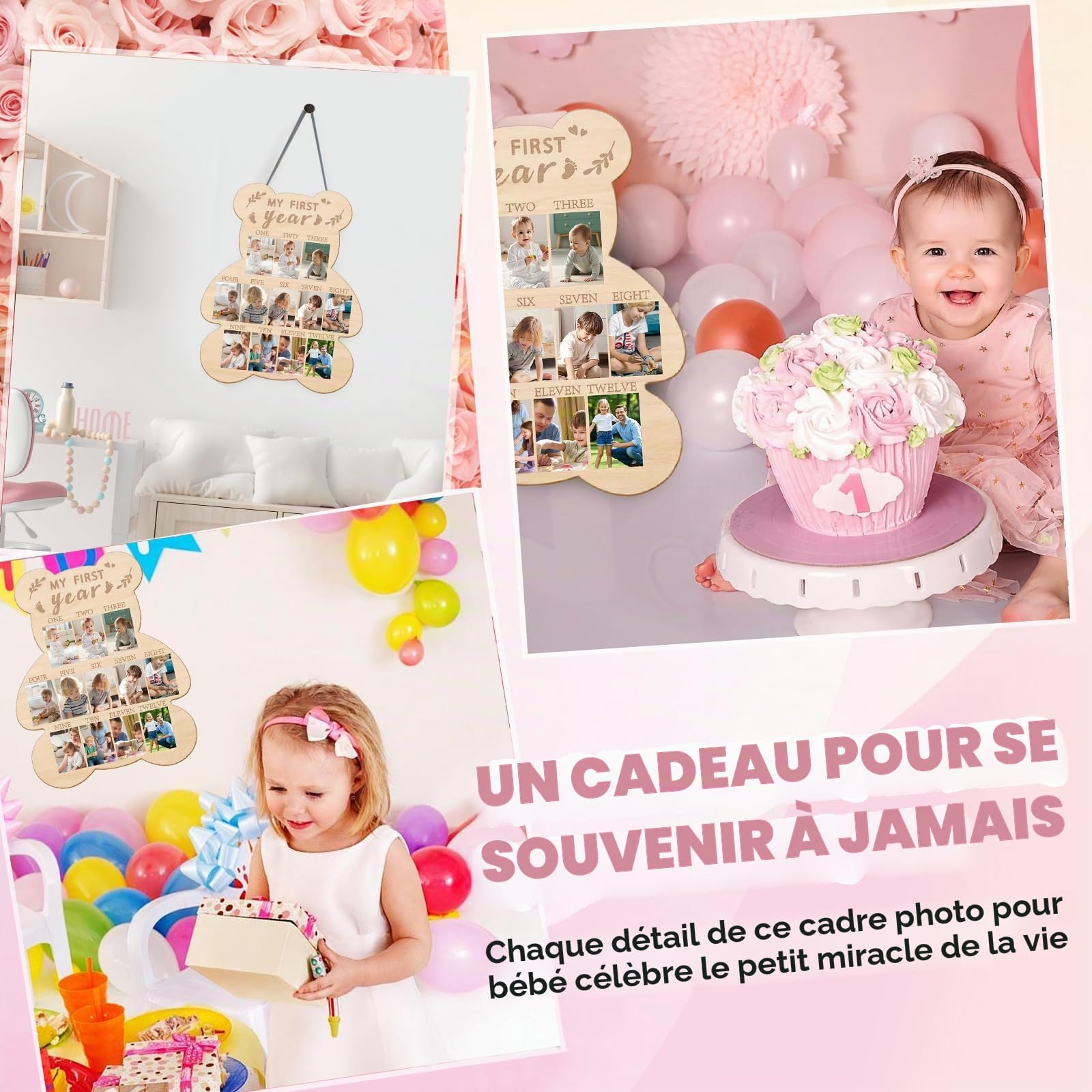 Cadre photo Ma Première Année - Adorable cadre photo de bébé en forme d'ours - Planche en bois personnalisée avec 12 mois de photos de bébé - Pour la décoration de chambre de bébé garçon et fille