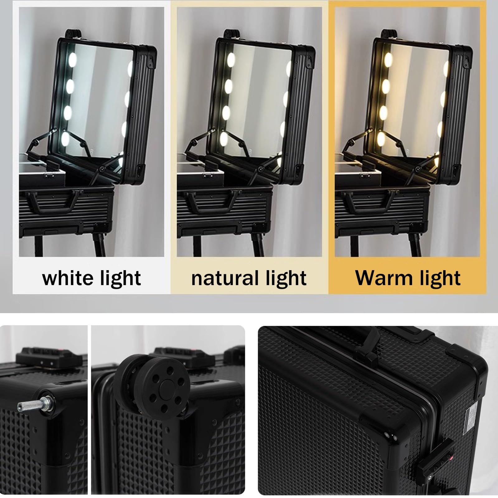 Estuche para cosméticos, Estuche de Viaje para cosméticos, Estuche de Maquillaje con Ruedas, Estuche de Maquillaje de Aluminio con Luces LED, Organizador Profesional de cosmético