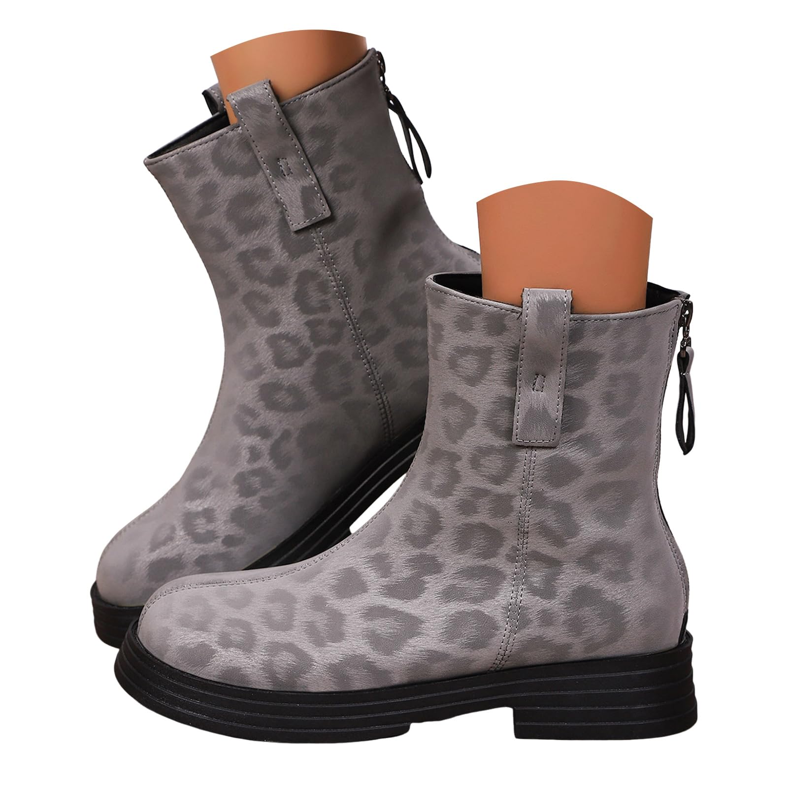 Mid Calf Boots for Women Leopard Print British Back Zipper Platform Lug Sole Booties Classic Round Toe Casual