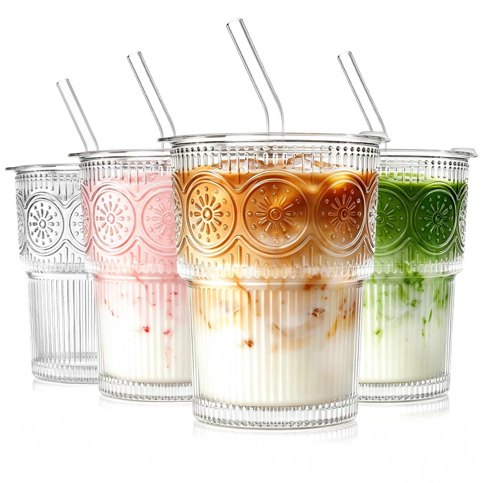 SoulTimes 380 ml Iced Coffee Cup with Lid and Straw –Ribbed & Floral Glass Cups for Smoothie, Matcha, Juice, Water etc. Leakproof Reusable Drinking Glasses for Travel & to-Go, 4 Pack — image 1