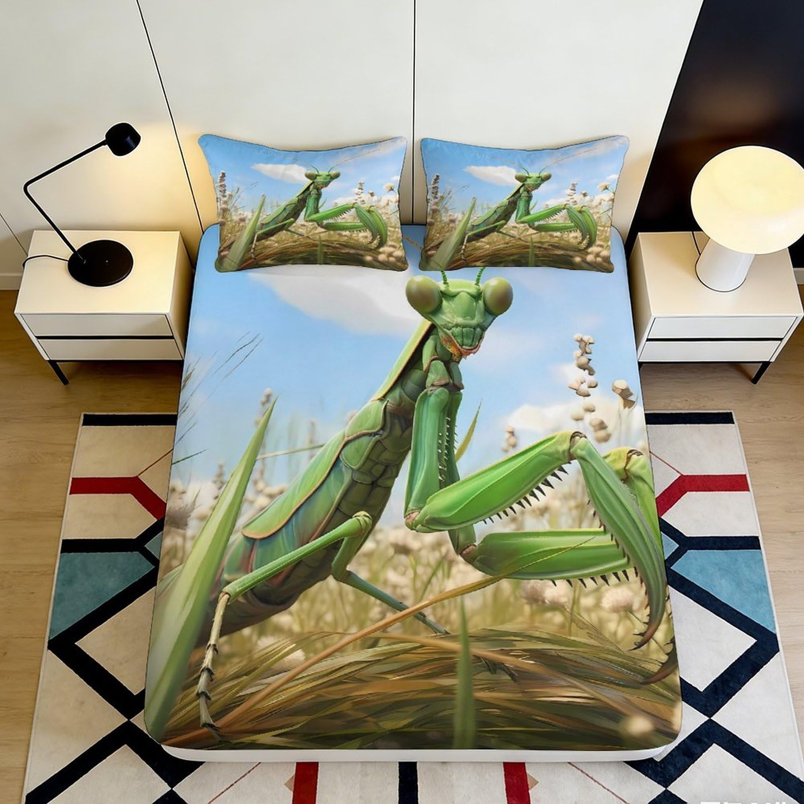 3D Printed praying mantis Fitted Sheet for bedroom, soft touch Microfiber, non-slip, wrinkle resistant, home decor, apartment bedding 90x200x25cm
