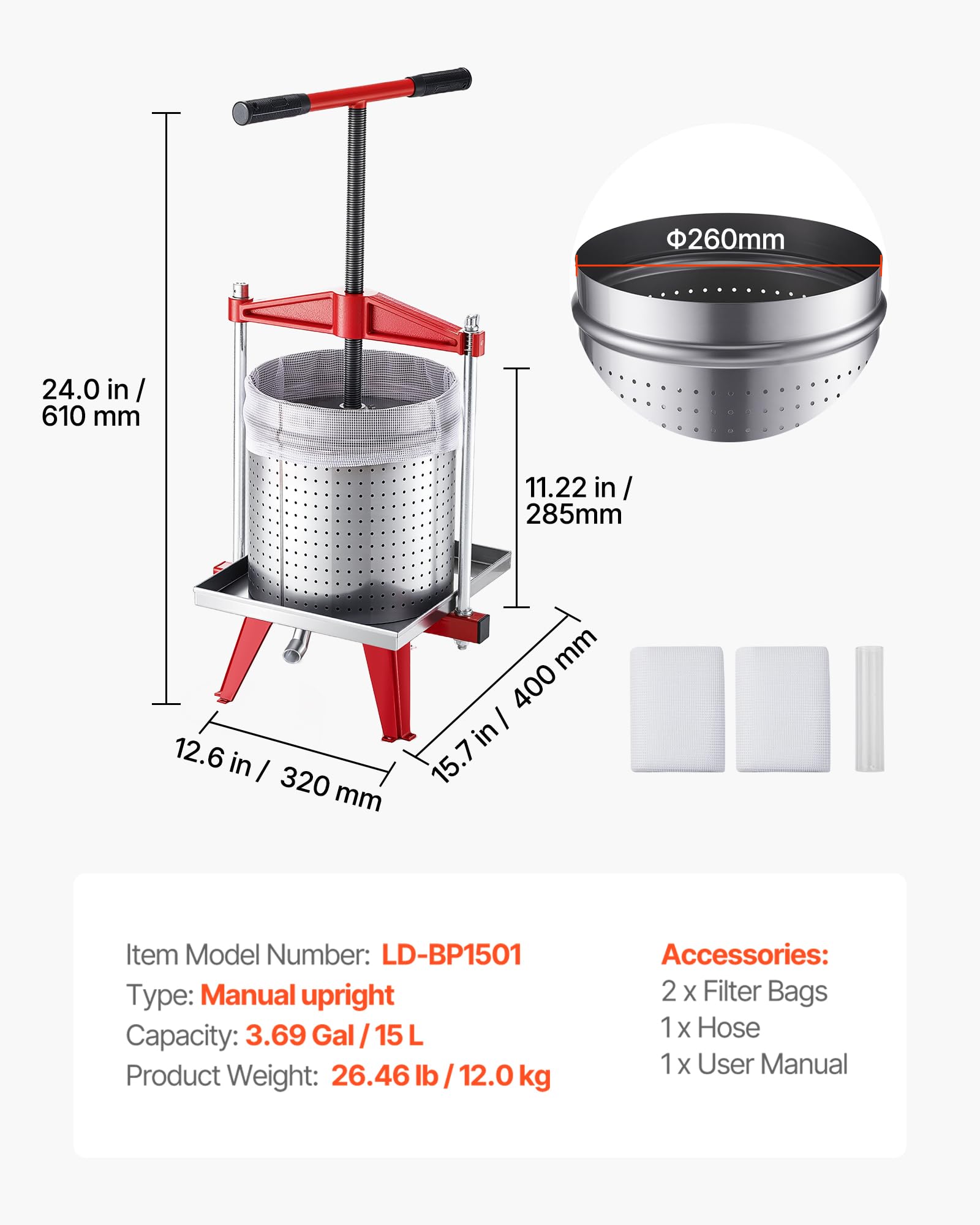 VEVOR Pressa Manuale Premitutto per Vino, Torchio Premitutto per Frutte in Acciaio Inox 15 Litri per Mele UVA Arance Verdure 40 X 32 X 61 cm, Torchio Manuale da Cucina con Manico a Forma di T