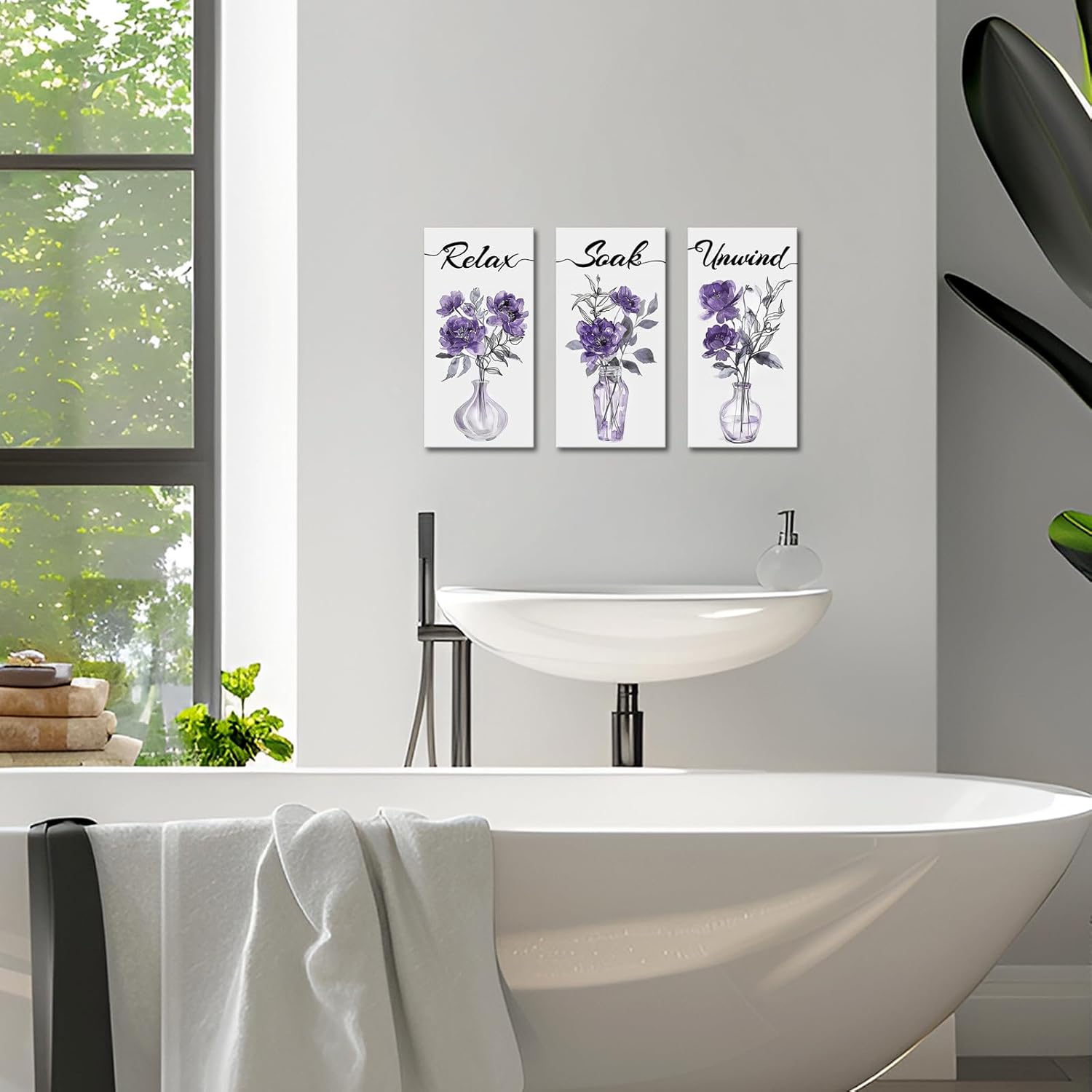 HOMEOART Bathroom Art Relax Soak Unwind Sign Bathroom Decor Painting Framed Canvas Artwork Farmhouse Laundry Room Decor,6x12inchx3 Pieces (Purple)
