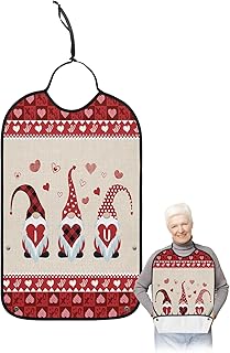 BOBOWUNY Valentines Day Adult Bibs for Elder Women Men Eating, Red Checkered Gnomes with Love Heart Waterproof & Washable Bibs for Eating Clothing Protector Dining Bibs for Crumb Catcher