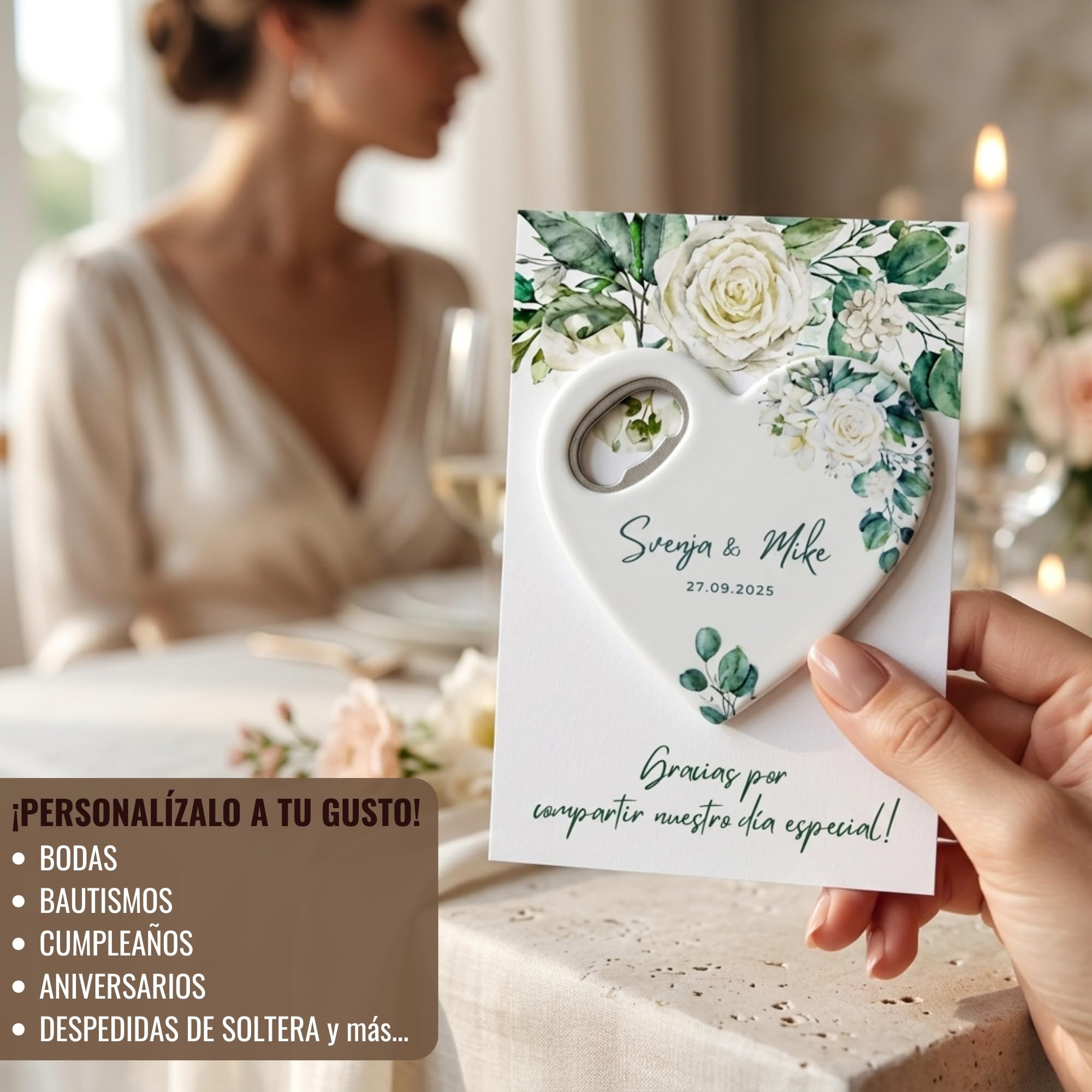 Recuerdo de boda personalizado, Favor de ducha nupcial para la invitada, Recuerdos de boda y abretarjetas con imán de agradecimiento (Pack de 30) (Abrebotellas + Tarjeta de Agradecimiento)