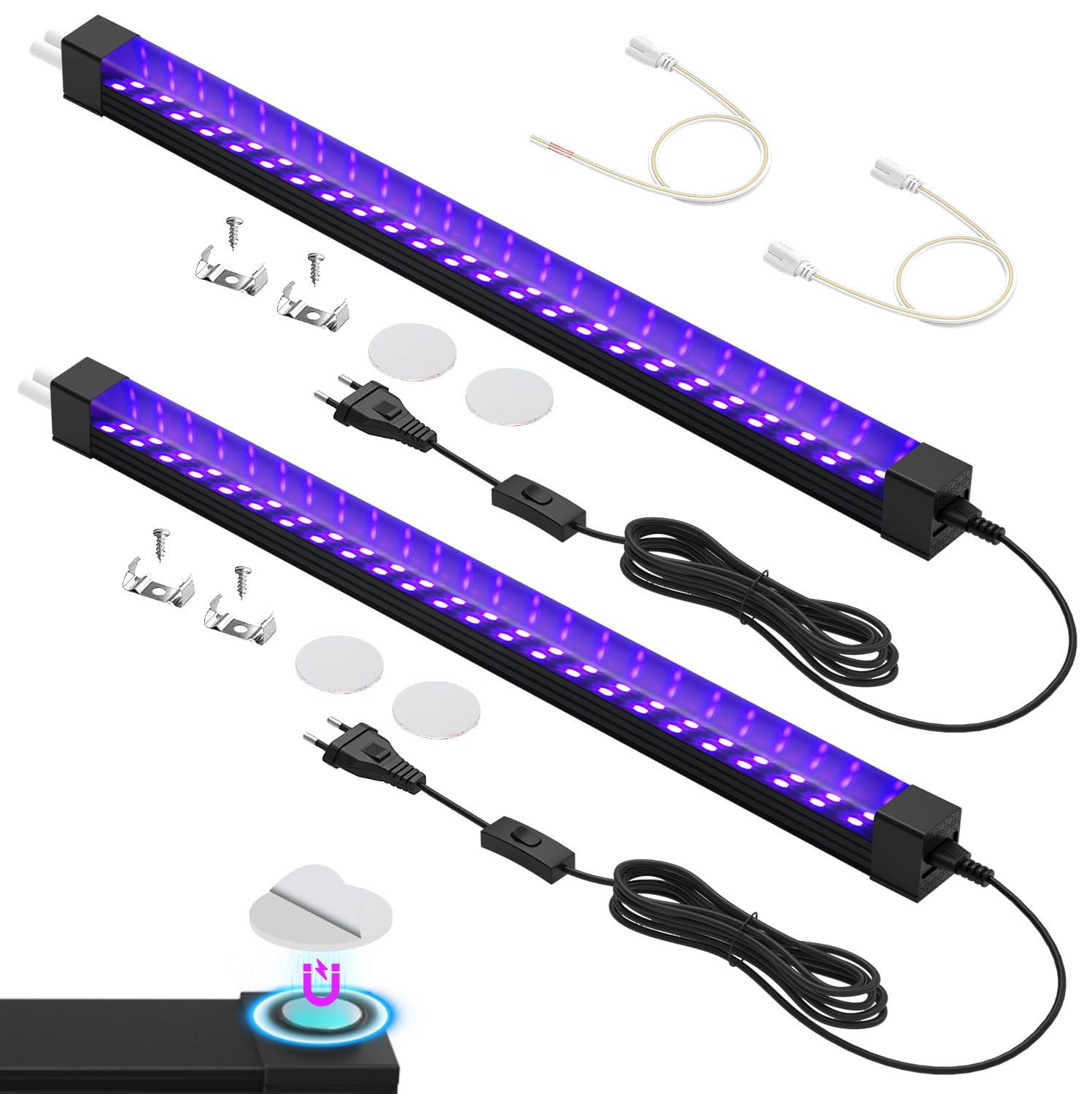 365NM Schwarzlicht LED Strip, 15W Schwarzlichtlampe Bar, Verkettbare UV-Schwarzlichtleisten mit Schalter für Uranglas Mineralienausstellungen, Leuchtpartys, Halloween, 2er-Pack