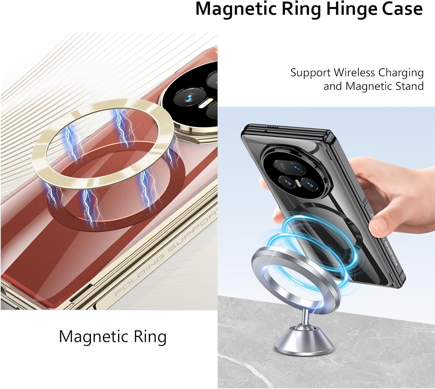ZORSOME Compatible with Honor Magic V5 Clear Magnetic Hinge Case,Luxury Plating All-Inclusive Shockproof Full-Body Protective Hinge Stand Case Kickstand Cover (Black, HD Screen Protector)