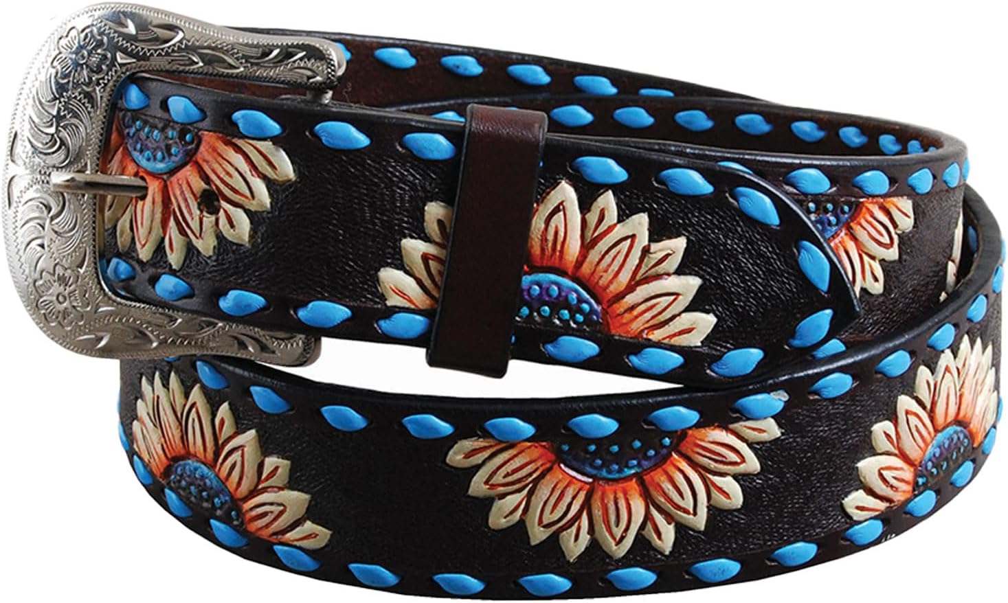 Circle Y Women's Sunflower Buckstitch Belt (2005-BT) | Durable Chocolate Leather Equestrian Accessory with Removable Buckle