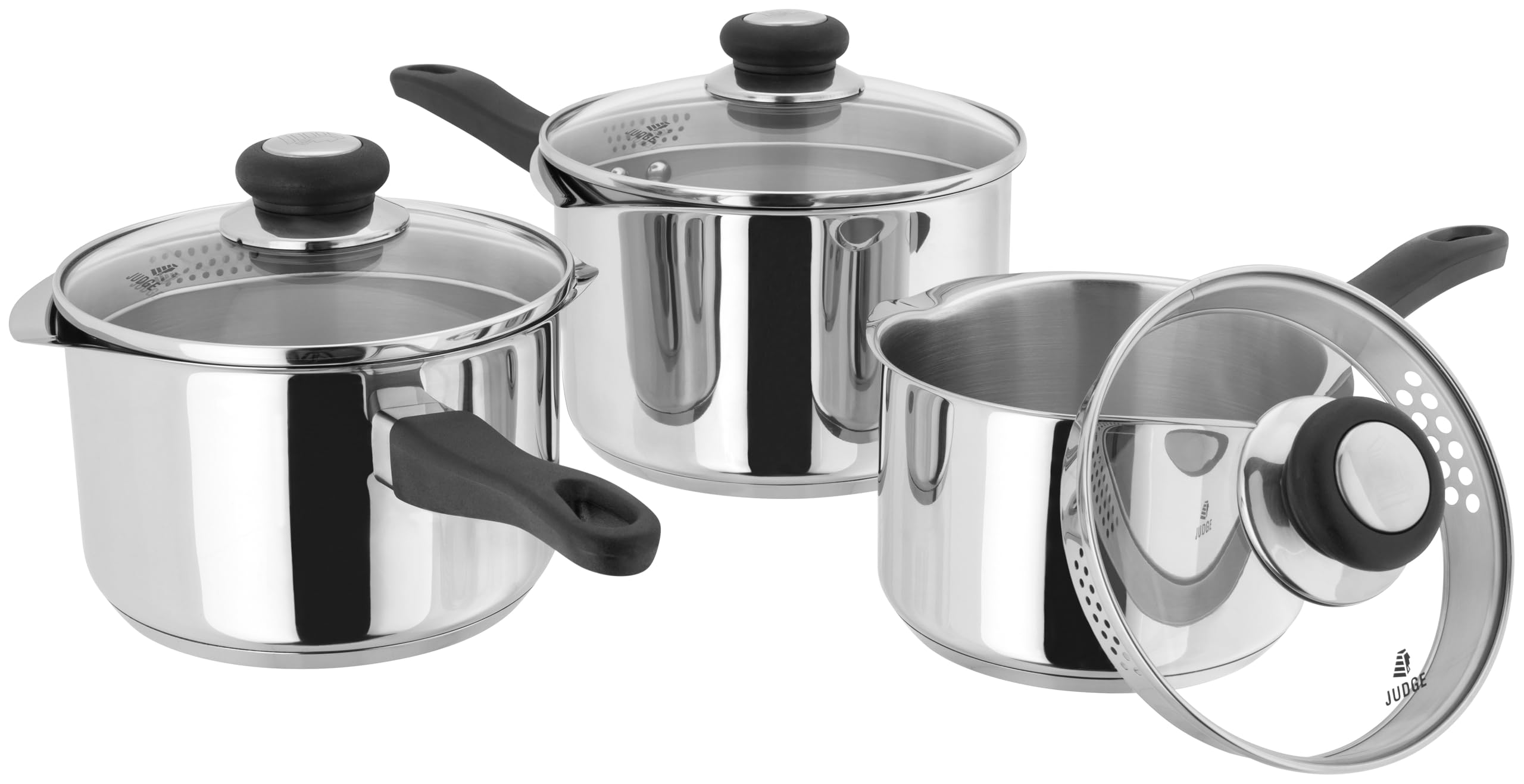Judge Vista Draining Set of 3 Stainless Steel Pans, 16cm, 18cm & 20cm Saucepans with Pouring Lip and Strainer Lids, Induction Ready, Oven Safe — image 1