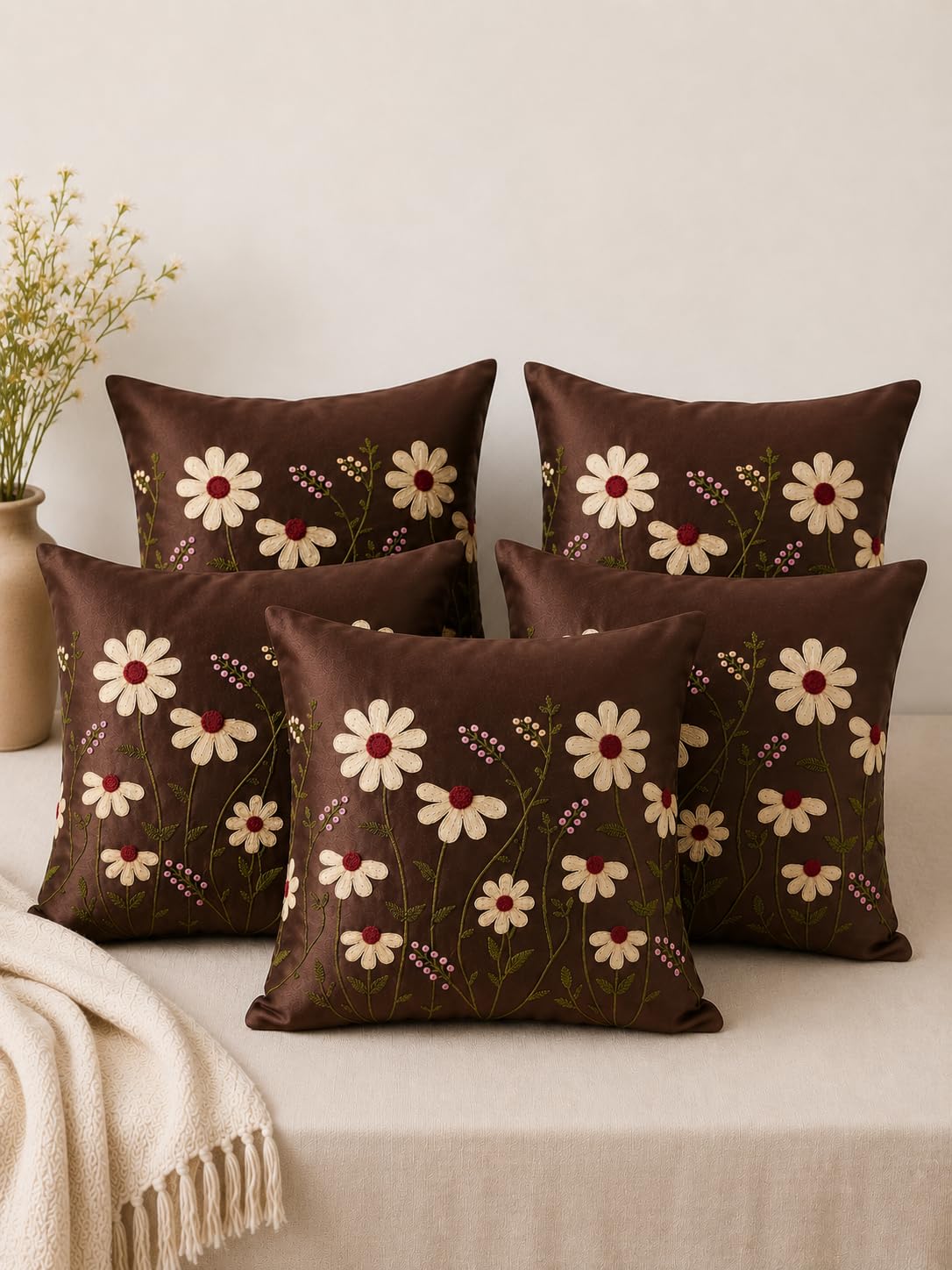 16x16 Inch, Set of 5 Floral Embroidered Cushion Cover | Premium Leather Finish Decorative Sofa Pillow Cover-image-29