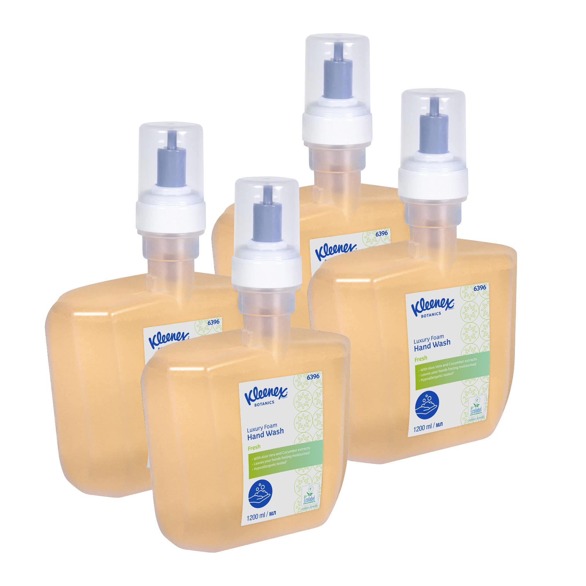 Kleenex Jabón de manos en espuma de lujo Botanics Fresh 6396 – Jabón de manos en espuma perfumada – 4 recambios de 1,2 litros con limpiador de manos incoloro (4,8 litros total)