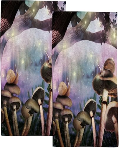 Juego de 2 toallas de baño de mano para baño, diseño de hongos del mundo de fantasía, luciérnaga, toalla absorbente de agua, poliéster suave para