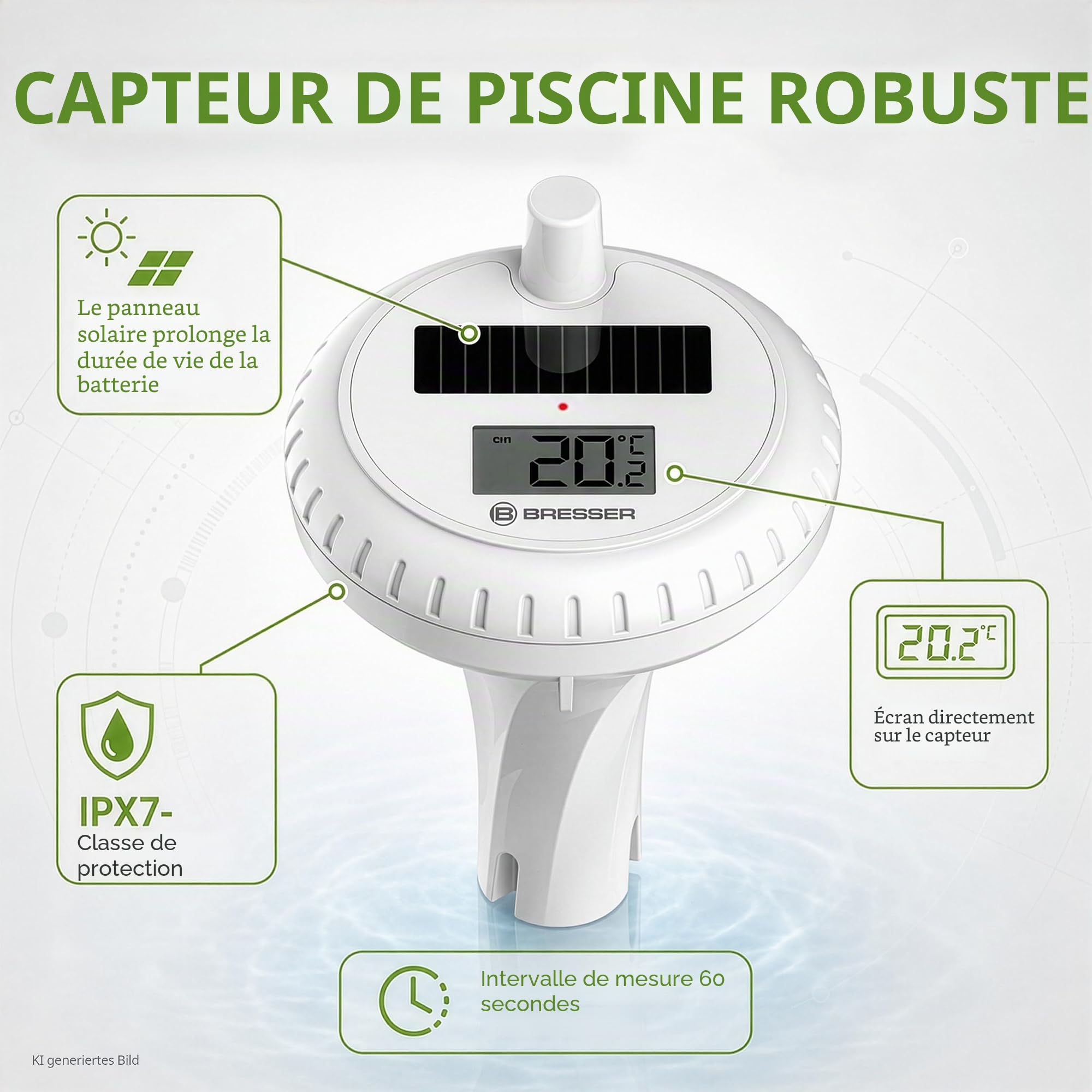 Bresser Thermomètre de Piscine Sans Fil avec Capteur Solaire et Alarme