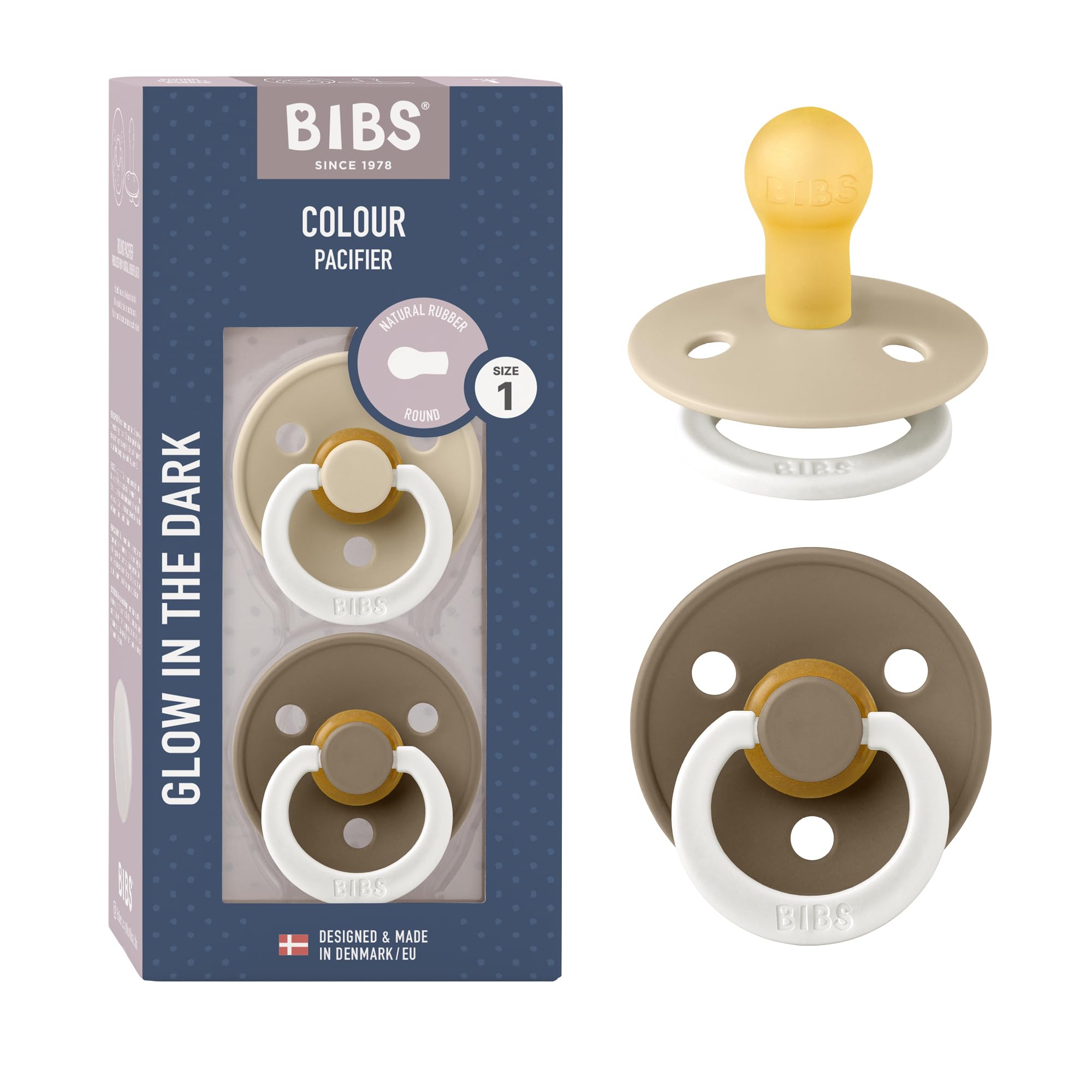 BIBS Colour Glow Soother 2-Pack, Glow in The Dark BPA Free Dummy Pacifier, Round Nipple. Natural Rubber Latex, Size 1 (0-6 Months), Vanilla Night/Dark Oak Night