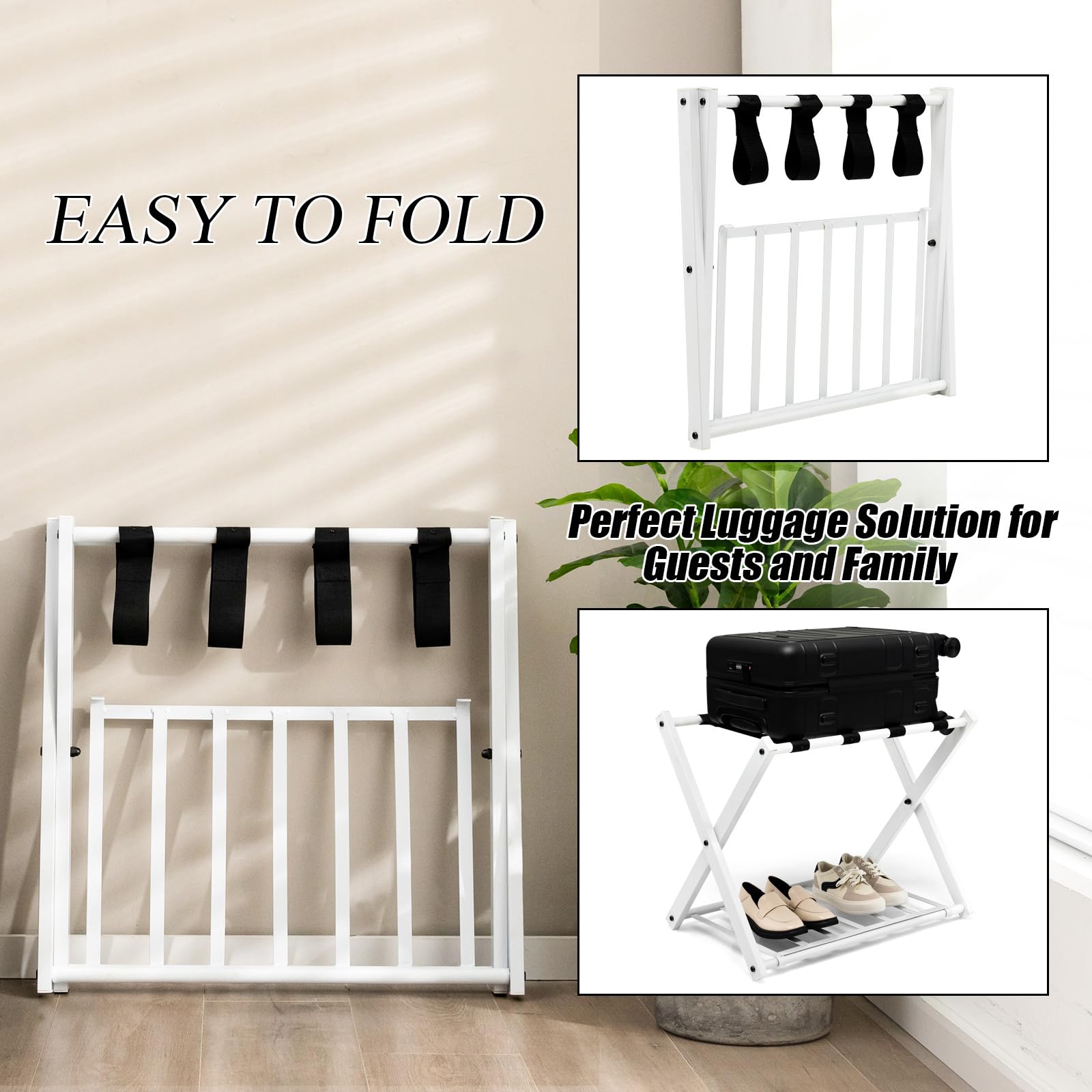 HOMASIS Estante para equipaje plegable, Soporte de metal para maletas y bolsas con estante, Portaequipajes con diseño de 2 niveles, para habitación, hotel, 68x43x56cm (Blanco, 2)