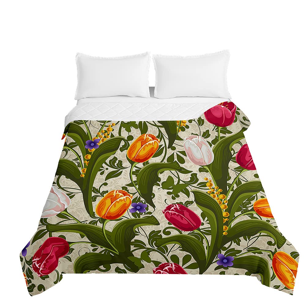 Surwin Yellow Embossed Quilted Bedspreads Single Double Super King Bed, 3D Tulip Flower Print Bedspread Quilt Bed Throws Blanket Lightweight Coverlet Microfiber All Season Comforter (,230X280cm)