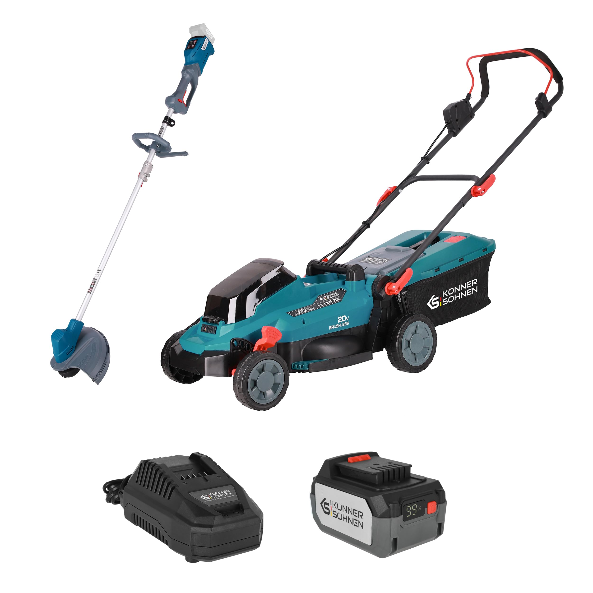 K&S Könner&Söhnen Zestaw do urządzeń ogrodowych zasilanych akumulatorem, do pielęgnacji trawnika, KS 33LM-BCT20V-SET 20 V i kosiarka (5 pozycji) do pielęgnacji trawnika, ładowarka + akumulator 4 Ah