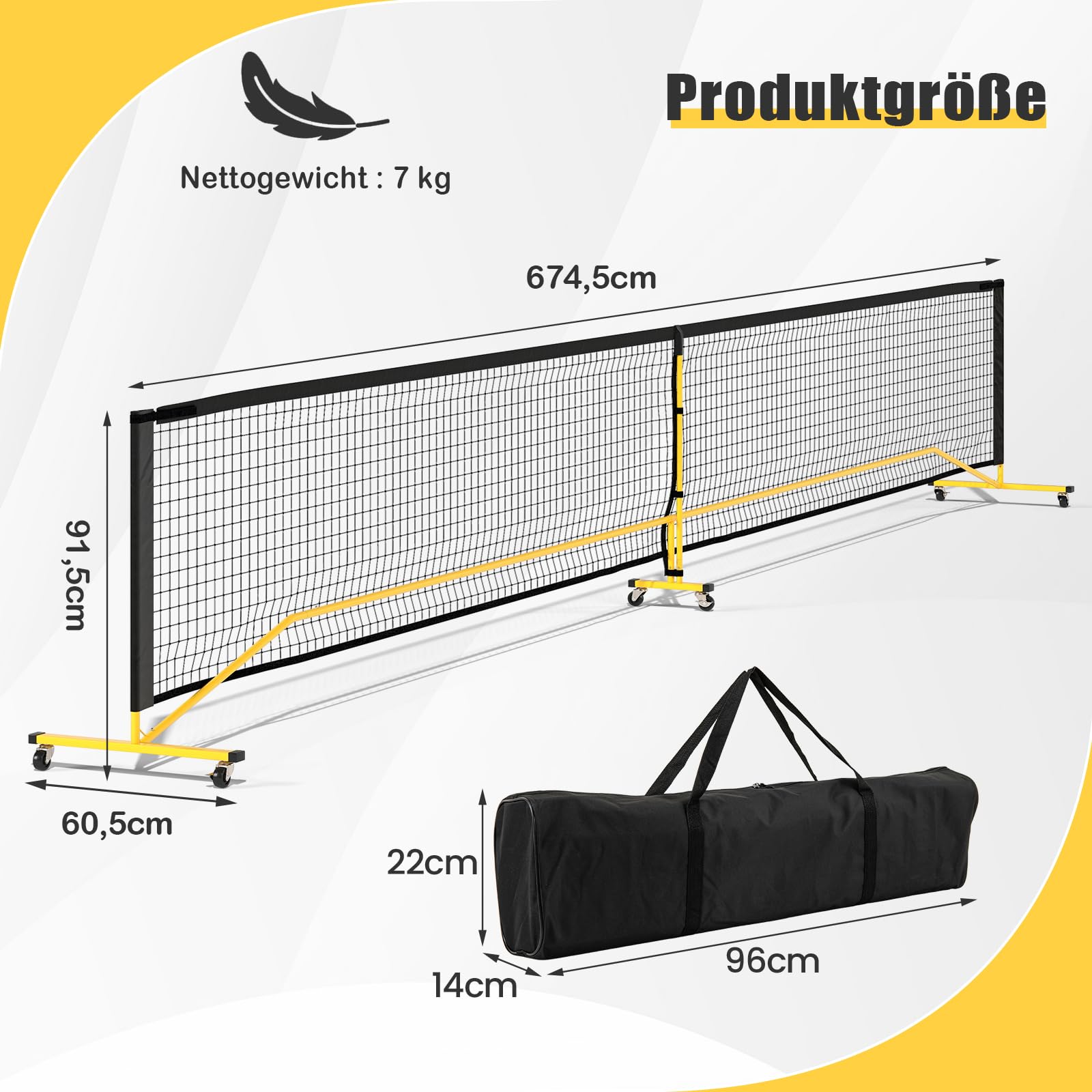 GYMAX Pickleball-Netz 674,5 cm, Pickleball-System mit Tragetasche, leichtes Pickleball-Netz-System mit PE-Netz & Metallgestell, Sportnetz für Outdoor- & Indoor-Spiele auf der Auffahrt