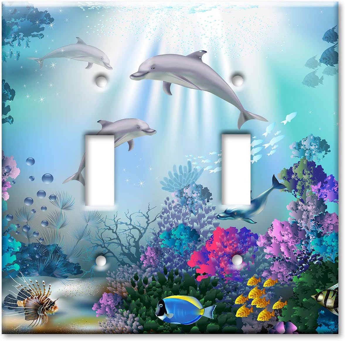 Art Plates - Double Gang Toggle Switch Plate - Decorative Metal Wall Plate - Dolphins - (Made in USA)