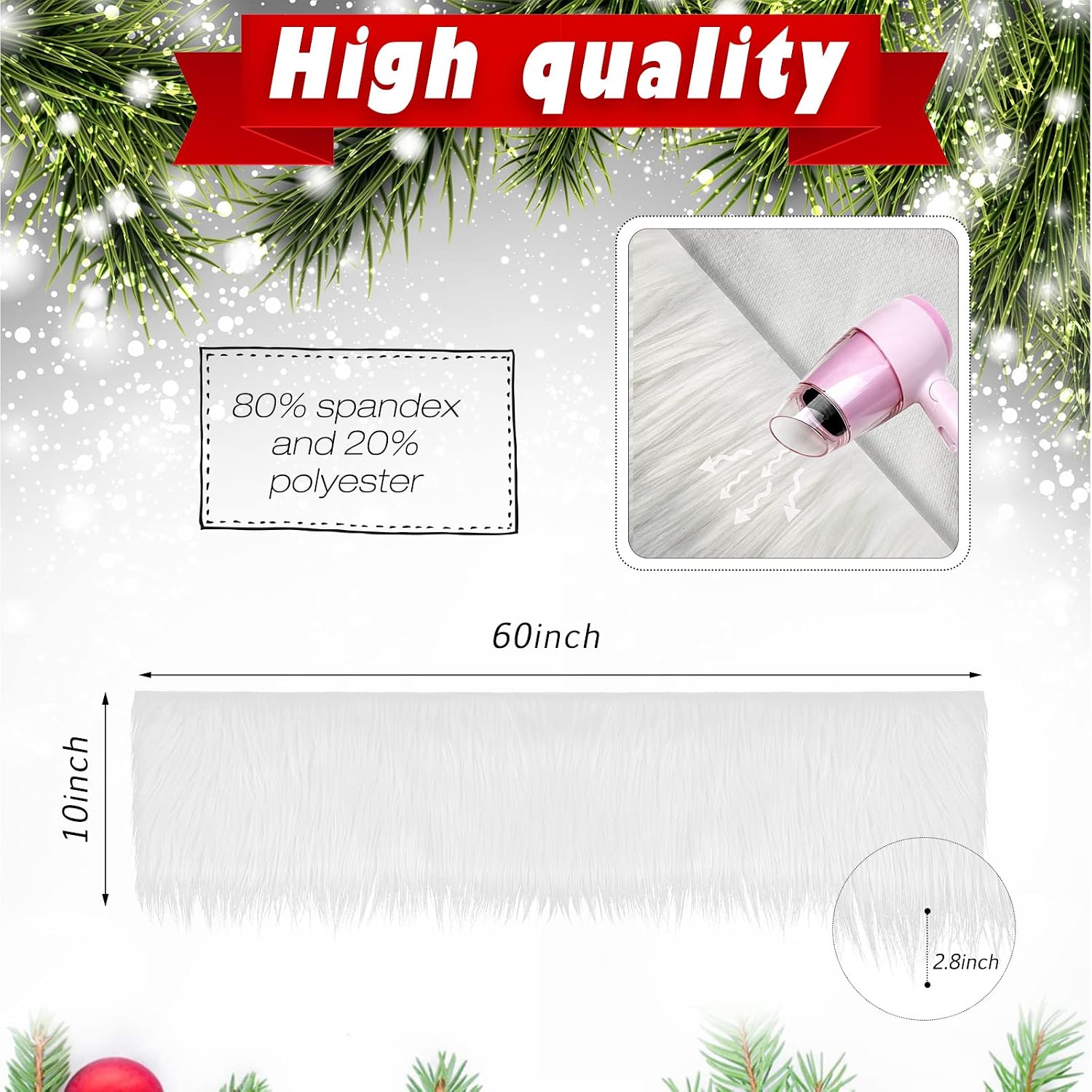 10 x 60 Inch Faux Fur Square Fabric Shaggy Fur Cuts Fluffy Square Fur Patches for Valentine Ornaments, Fursuit, Cosplay, Costume, Gnome Beards, Craft Supply, Decoration (White)