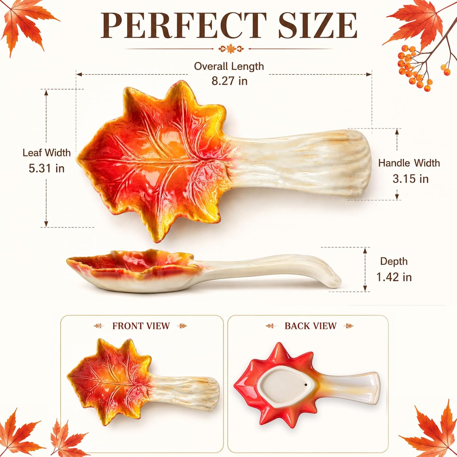 Maple Spoon Rest for Stove Top, 2 Ceramic Spoon Holder for Kitchen Counter