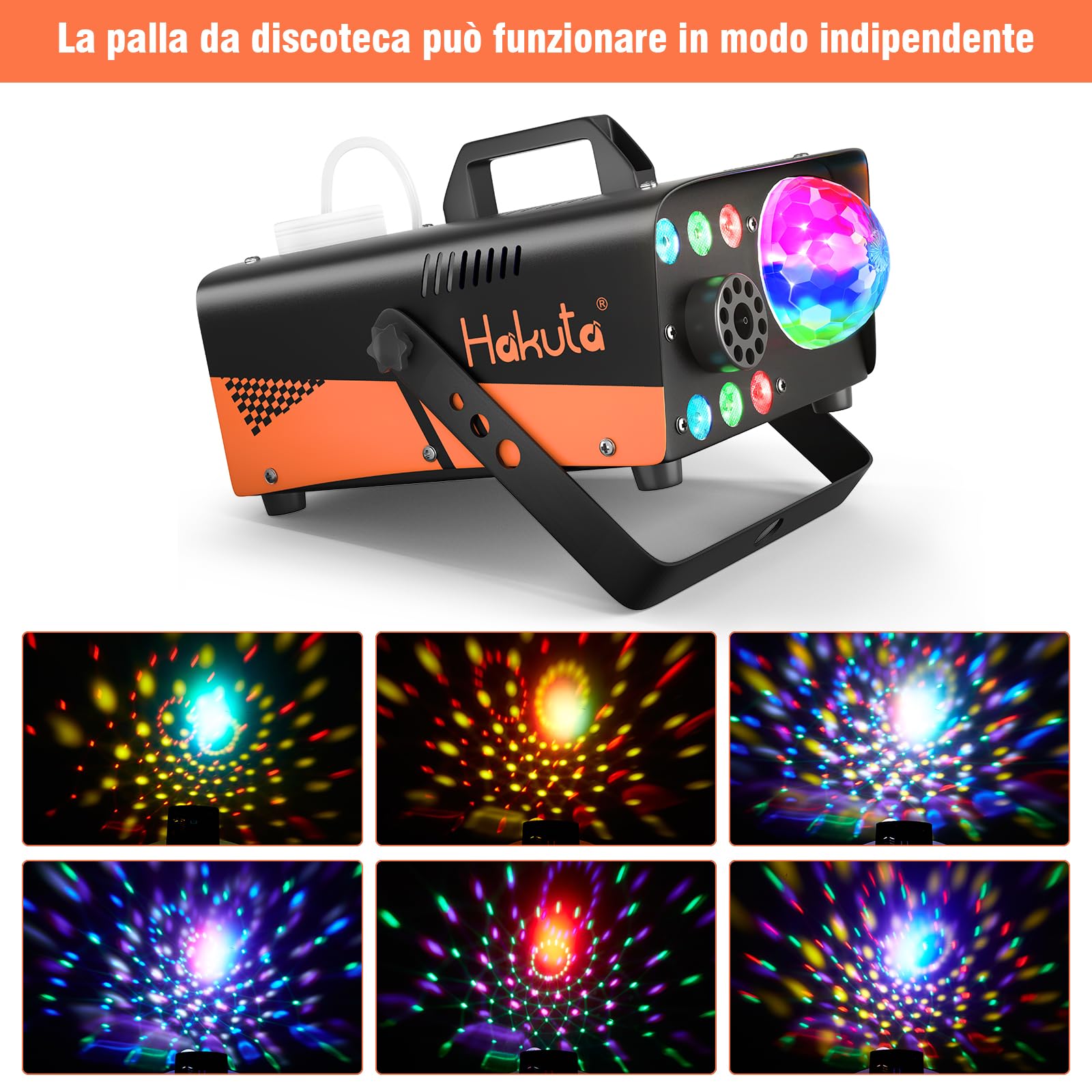 Hakuta, macchina per nebbia, 600 W, con luci a sfera da discoteca e luci LED RGB a LED, 2300 CFM spray con funzione di spruzzo automatica, ideale per feste