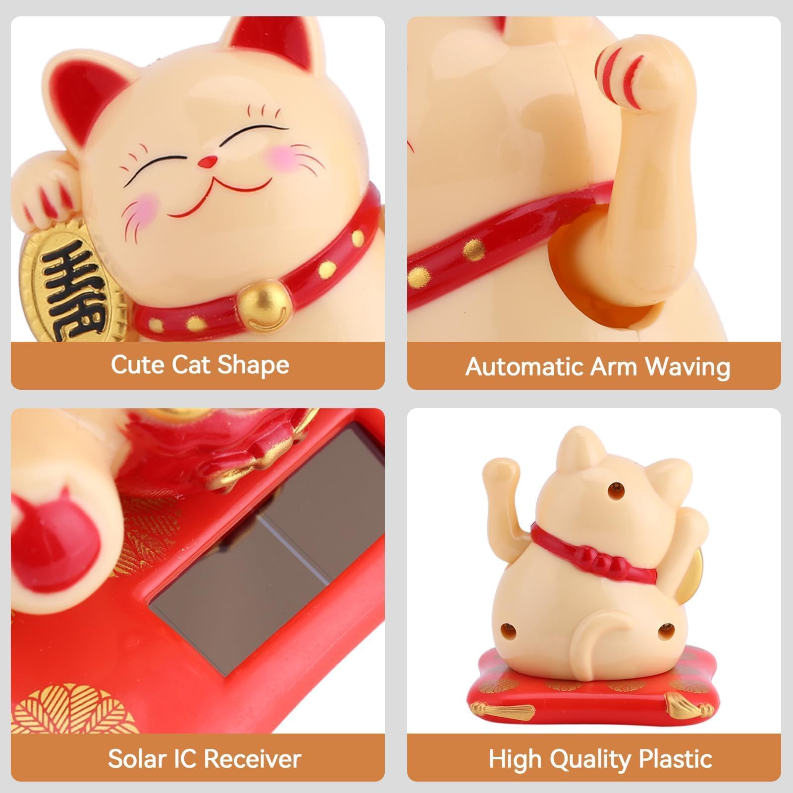 Lucky Cat, Mini Maneki Neko Statua di Gatto Giapponese con Braccio ondeggiante Alimentato ad energia Solare per la Decorazione del cruscotto dell'auto di casa(Giallo)